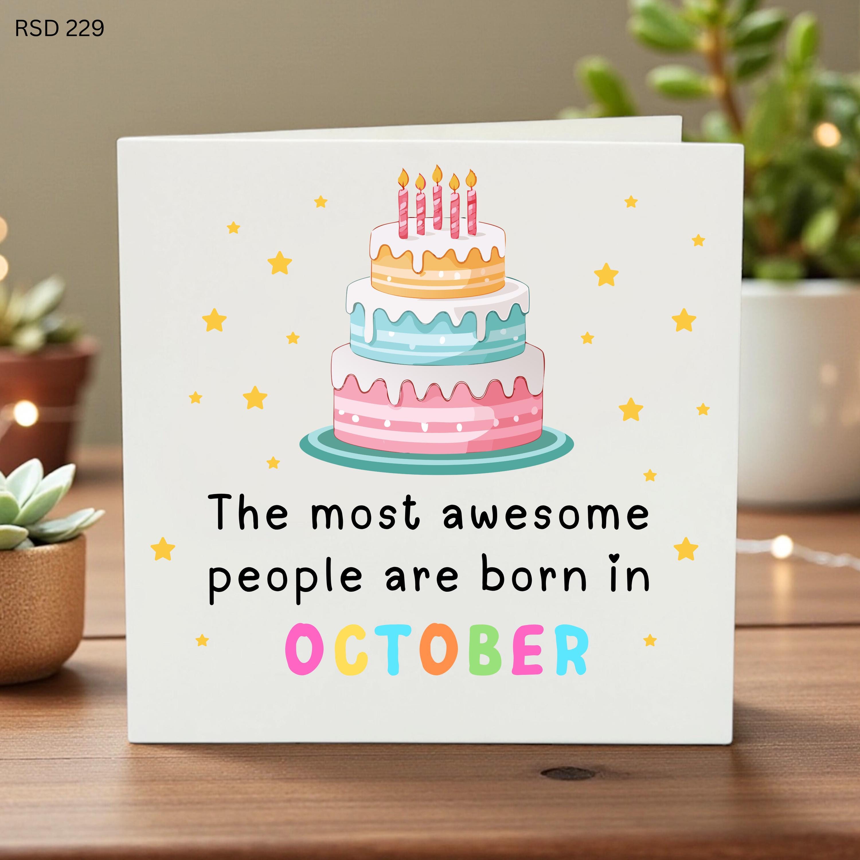 The Most Awesome People are Born in October Birthday Card, Cute Tiered Cake Greeting Card for October Birthdays, Month of Birth Gift Card