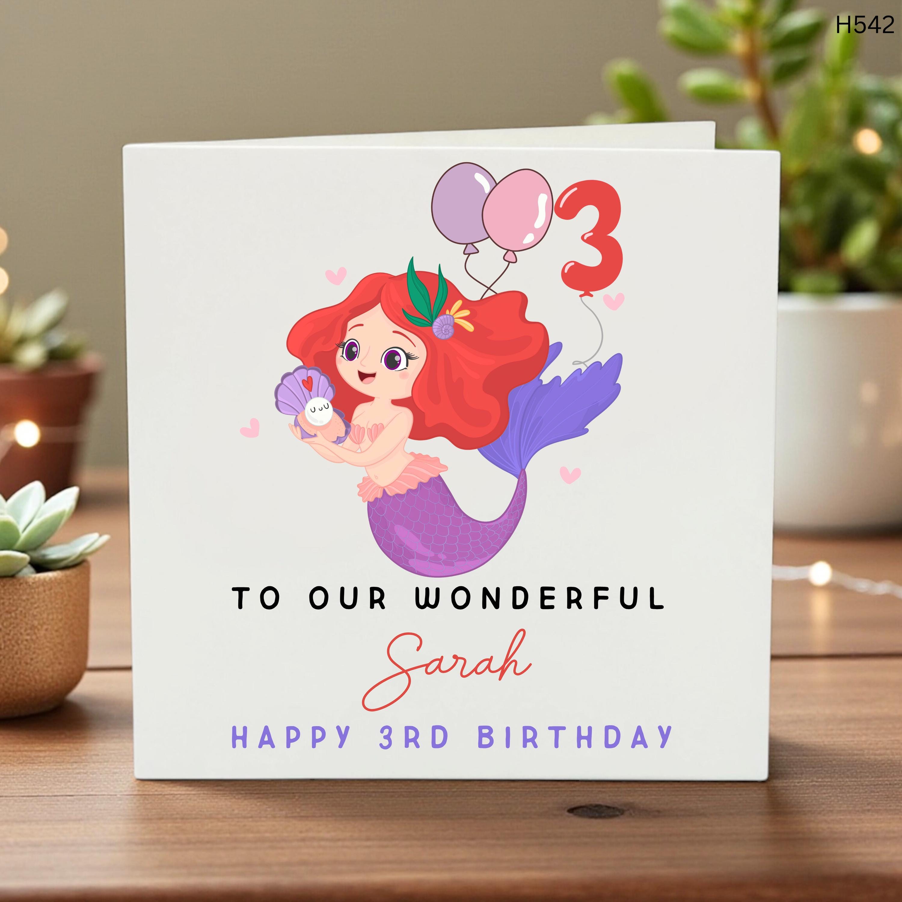 Personalized Mermaid 3rd Birthday Card - Custom Name Card for Daughter or Granddaughter, Cute Little Mermaid Greeting , Happy 3rd Birthday
