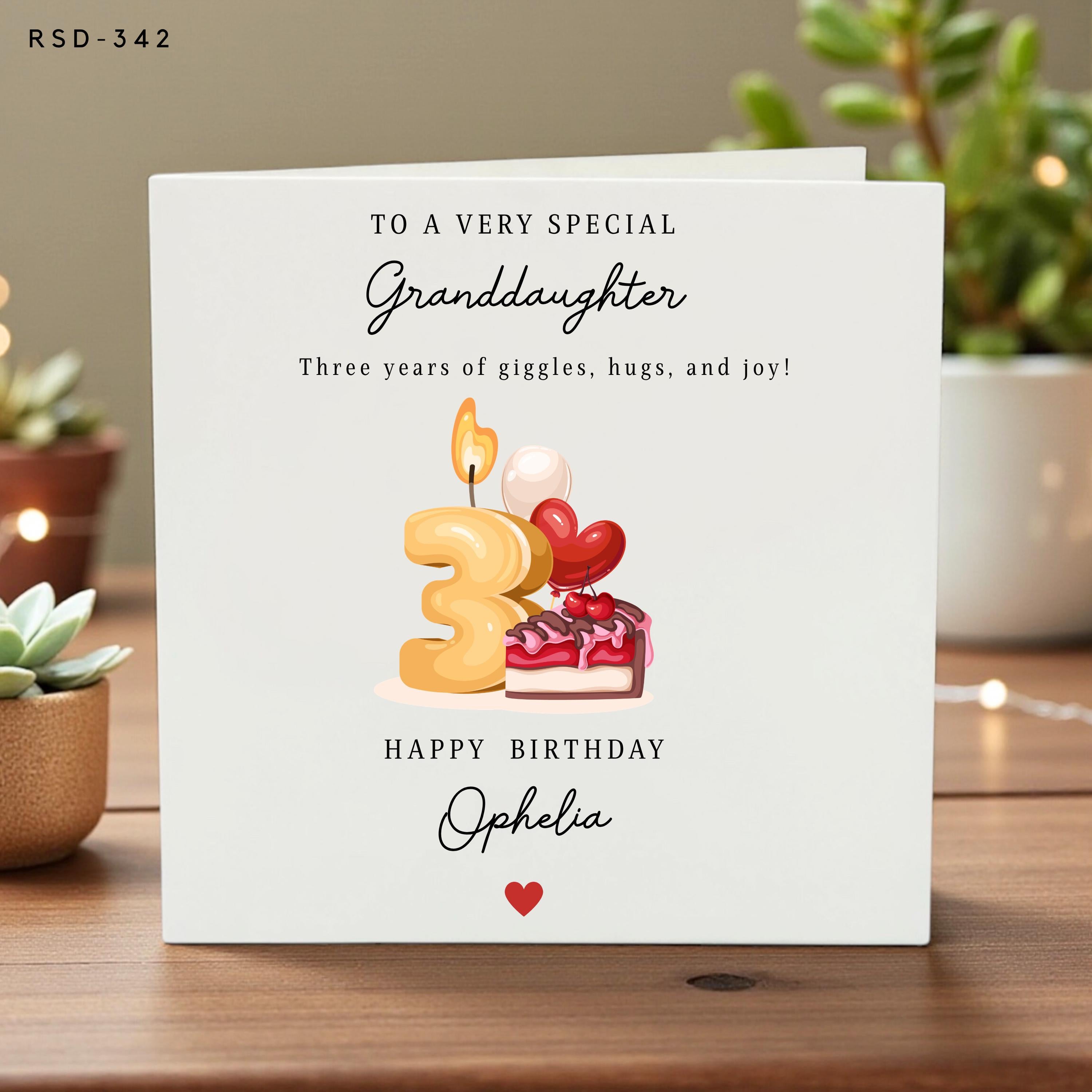 Personalized 3rd Birthday Card for Granddaughter, Custom Name Keepsake Greeting, Cute Cake & Balloon Birthday Card Gift