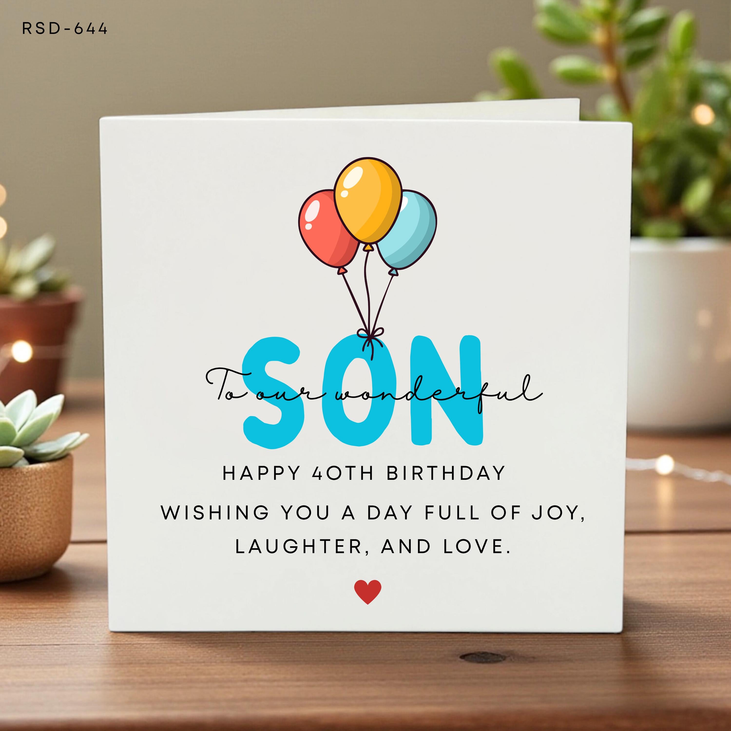Personalized 40th Birthday Card for Son, Custom Name Balloon Greeting, Fun Keepsake Card, Special Birthday Celebration Gift