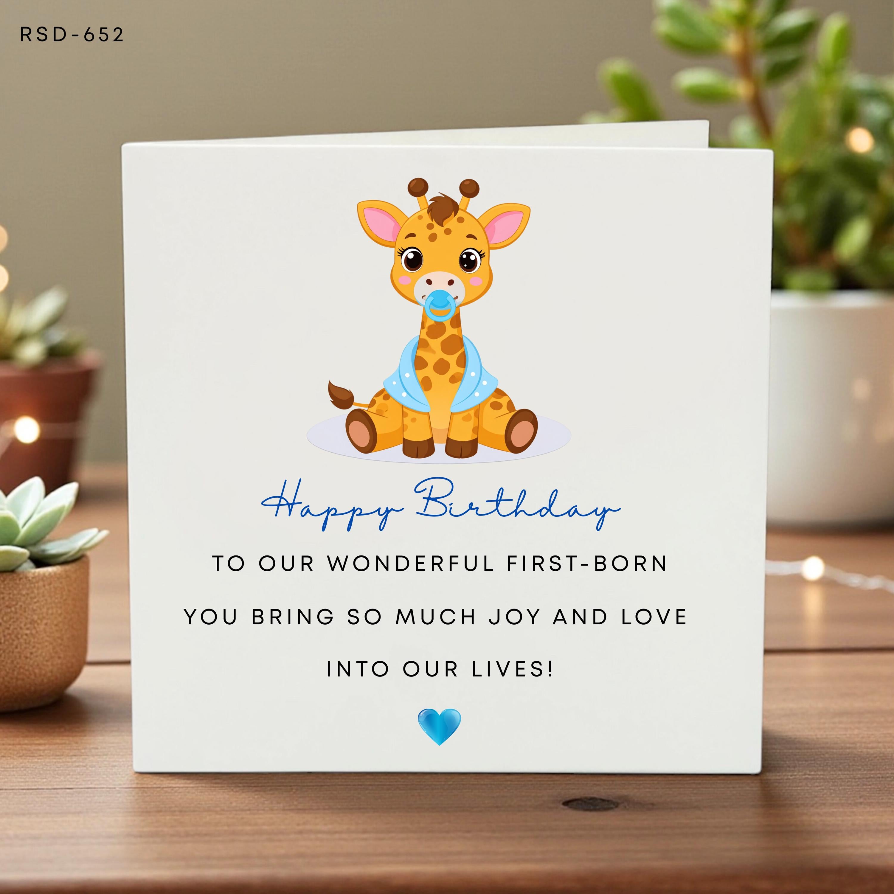 Personalized First-Born Birthday Card, Custom Name Giraffe Greeting, Cute Keepsake Card, Baby Boy Birthday Celebration Gift