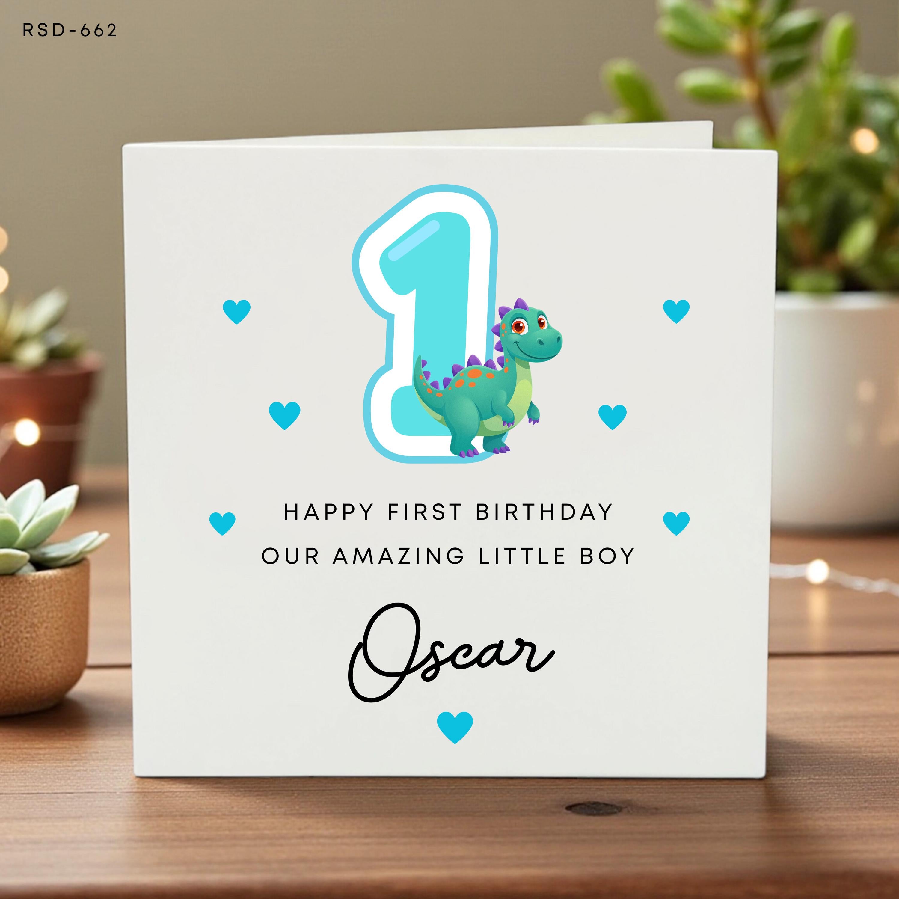 Personalized First Birthday Card for Boys, 1st Birthday Dinosaur Card, Custom Name, Keepsake, Cute Boy Birthday Greeting