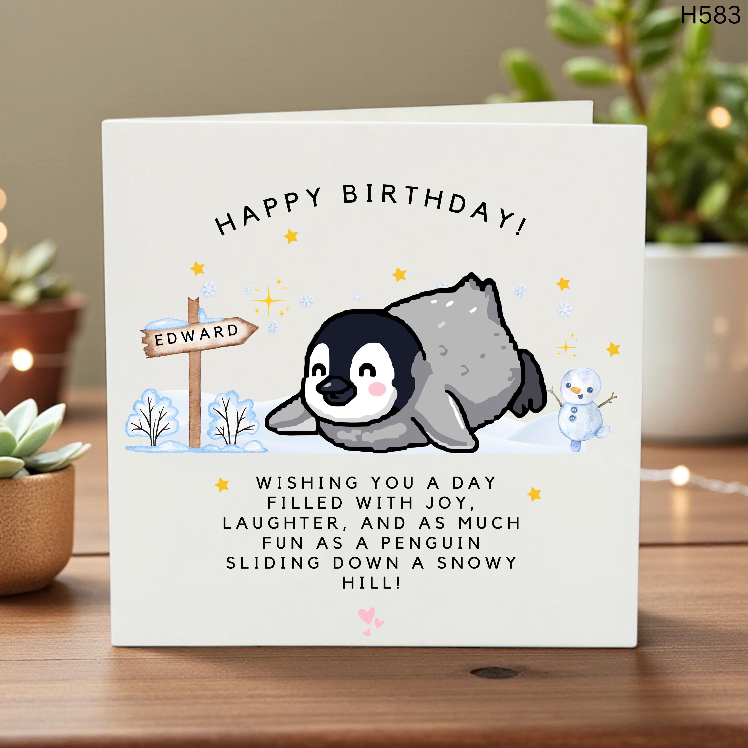 Personalized Penguin Birthday Card, Custom Name Birthday Card for Boys Girls, Cute Sliding Penguin, Winter Birthday Card, Kids Penguin Gift