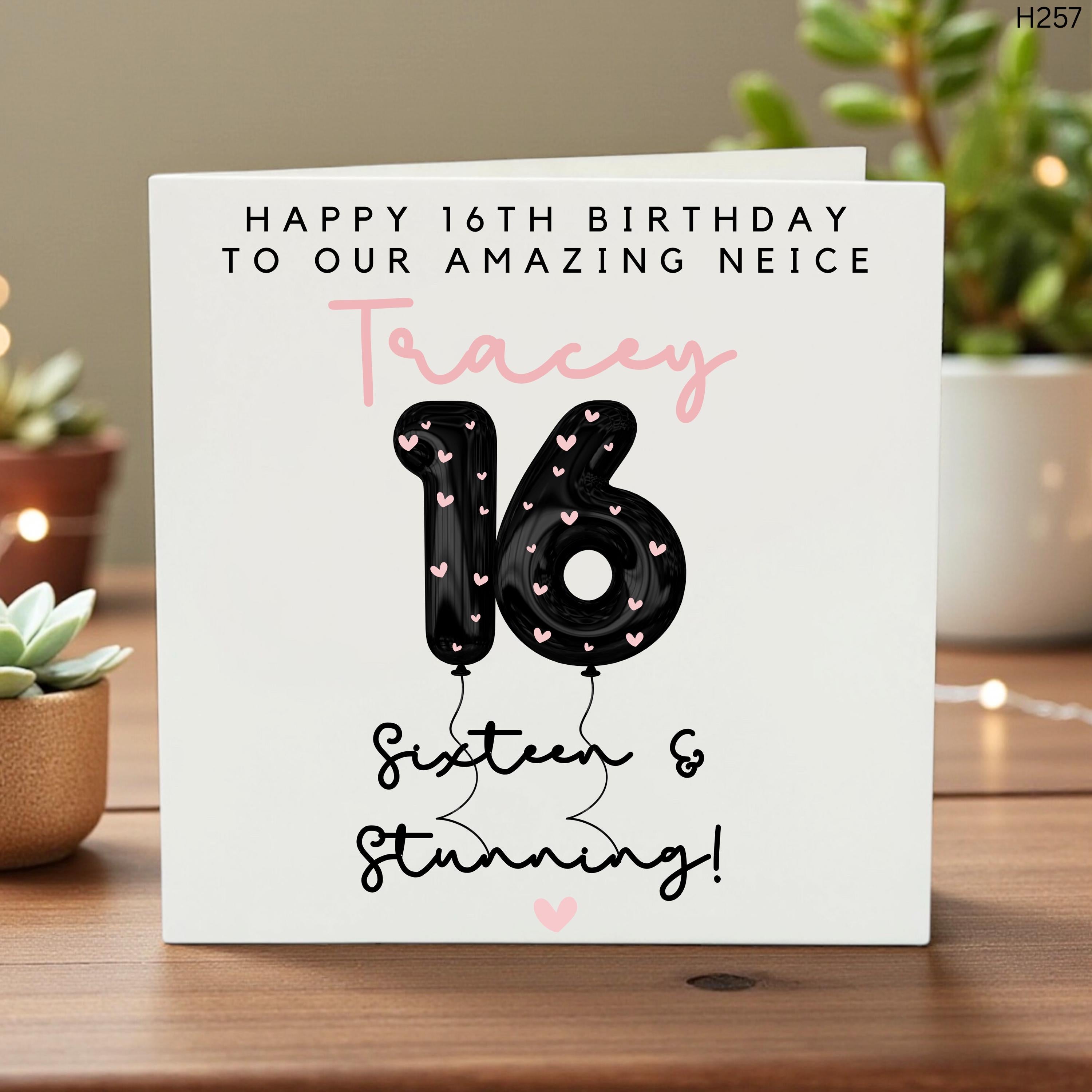 Personalized 16th Birthday Card for Girls, Custom Name Niece Sixteen & Stunning, Cute Keepsake Greeting, Sweet Birthday Card