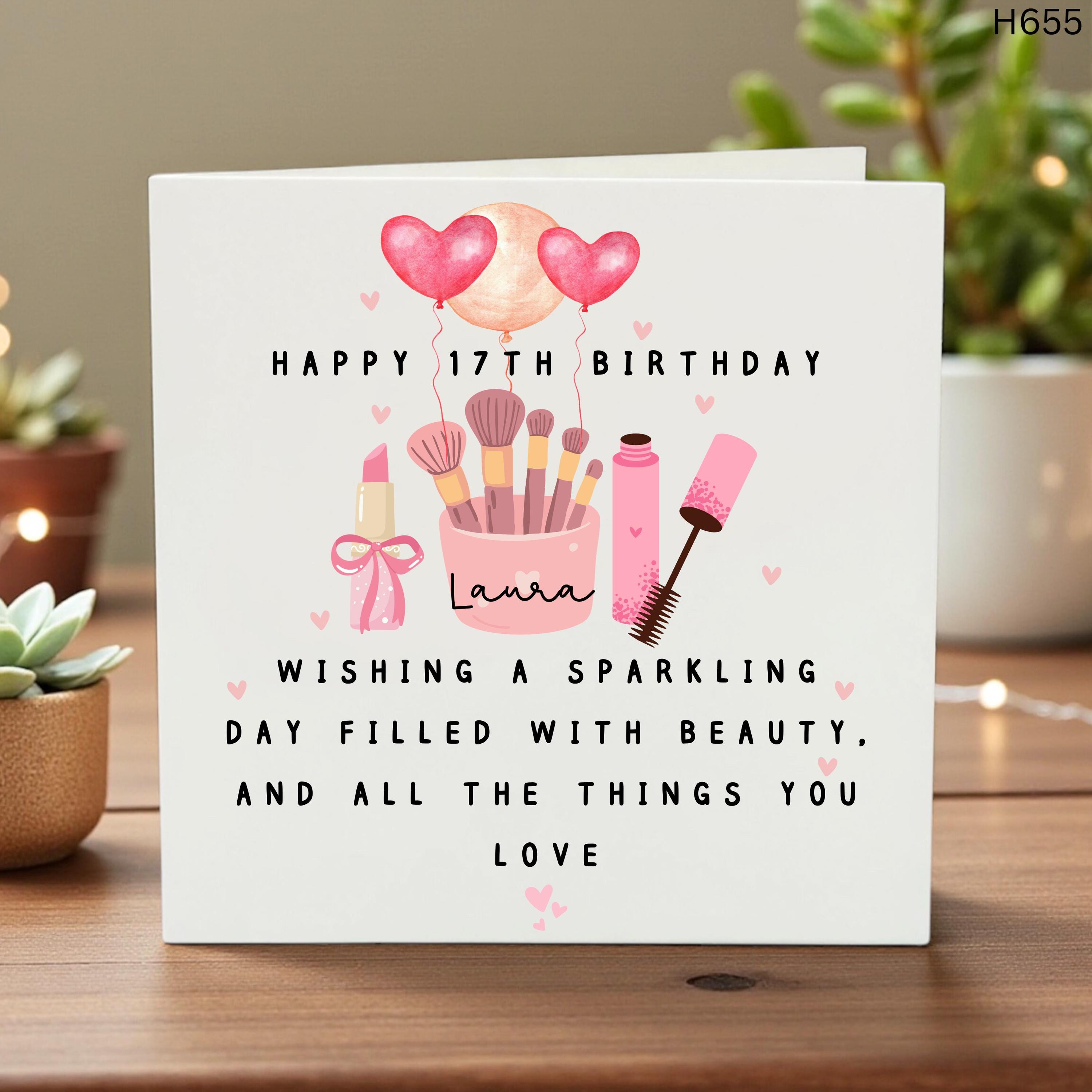 17th Birthday Card for Her, Makeup Birthday Card, Personalized Birthday Gift, Beauty Lover Card, Teen Birthday Gift, Custom Name Card, Glam