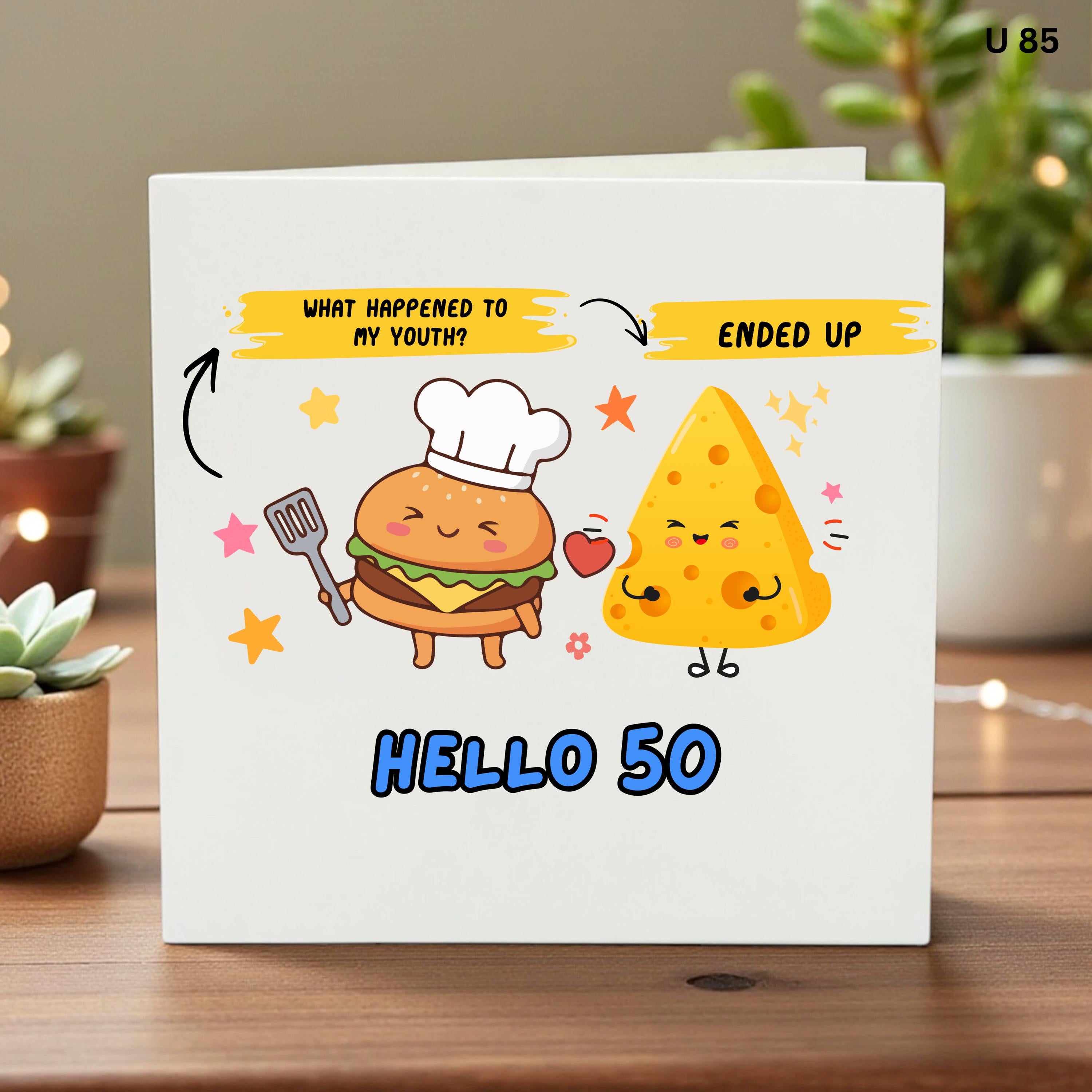 Funny 50th Birthday Card, Burger and Cheese Gift, Hello 50 Birthday, Turning 50 Card, Milestone Birthday Gift for Him or Her, Funny Food Pun