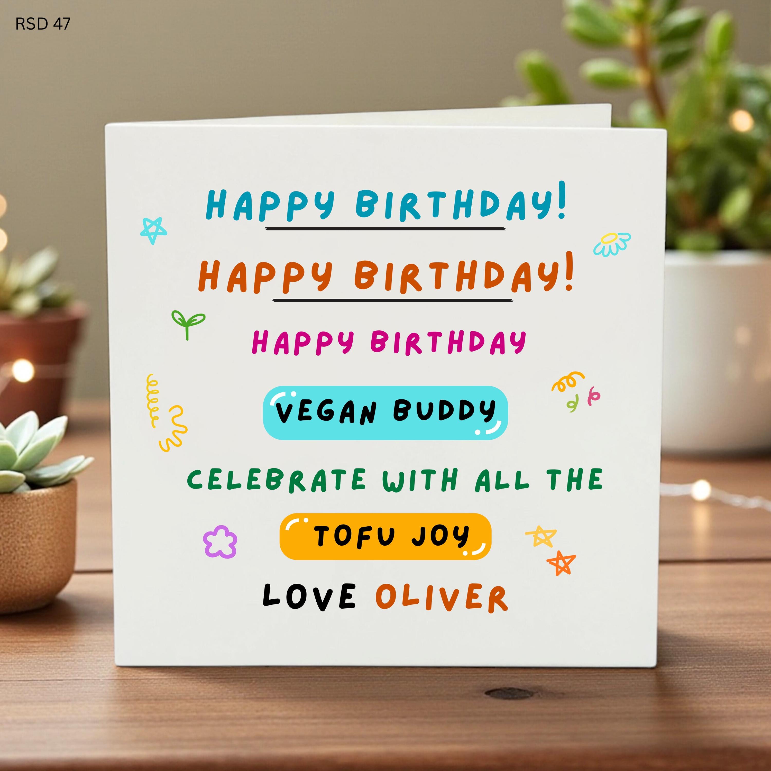 Funny Vegan Birthday Card Personalized, Cute Tofu Joy Card for Vegan Buddy, Plant Based Birthday Gift, Custom Vegetarian Friend Card Oliver