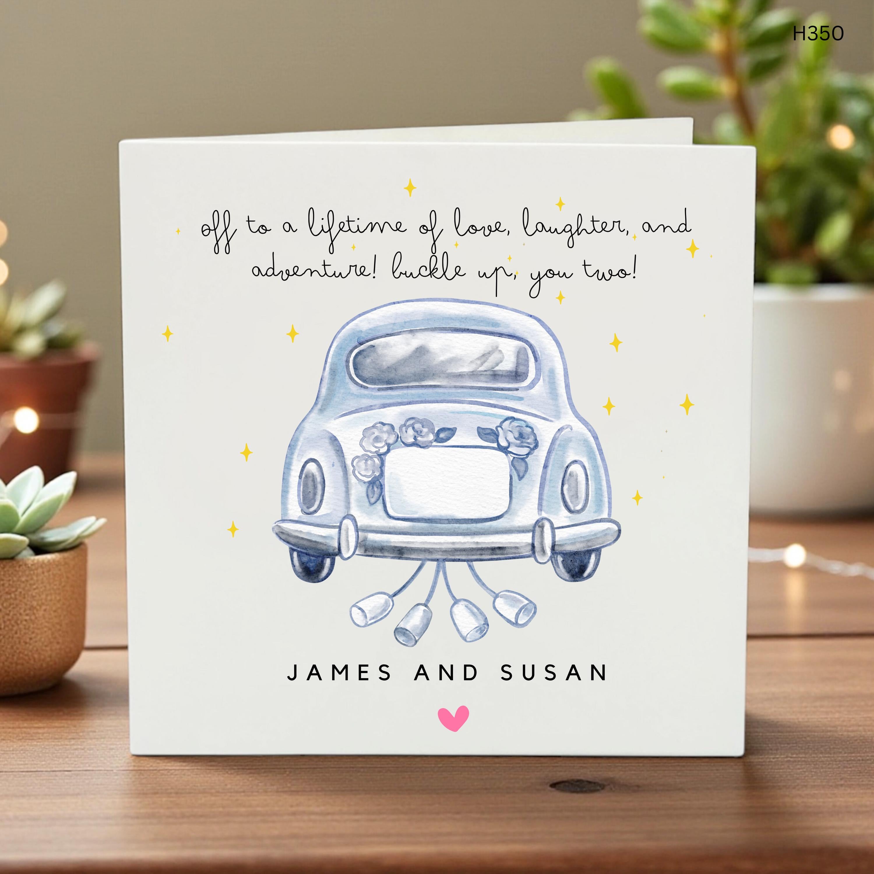 Personalized Wedding Card with Names, Custom Newlywed Card, Just Married Car Illustration, Wedding Keepsake Card, Adventure Awaits Marriage