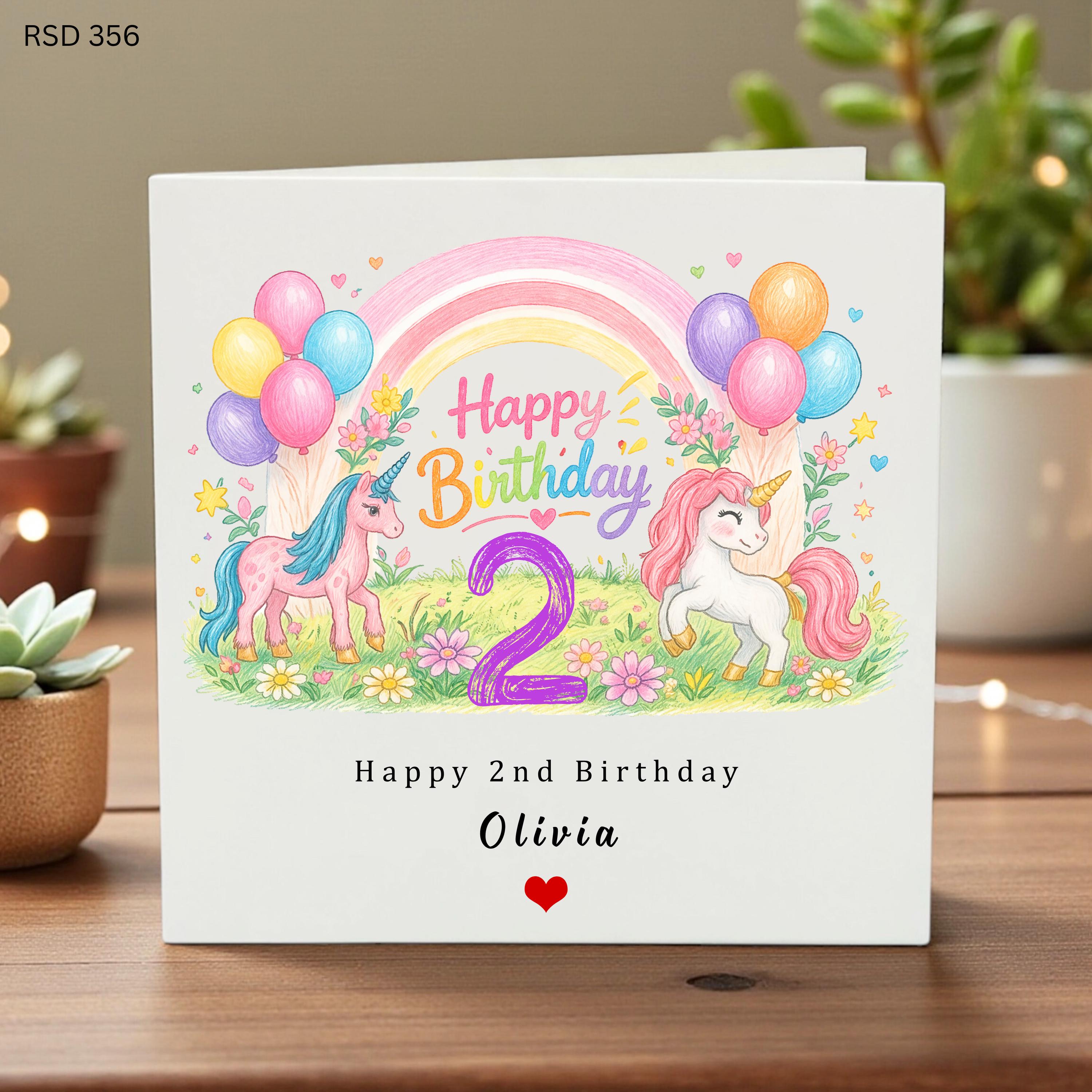 ersonalized 2nd Birthday Card, Custom Unicorn Birthday Card, 2nd Birthday for Girl, Rainbow Unicorn Card, Second Birthday Gift, Custom Name