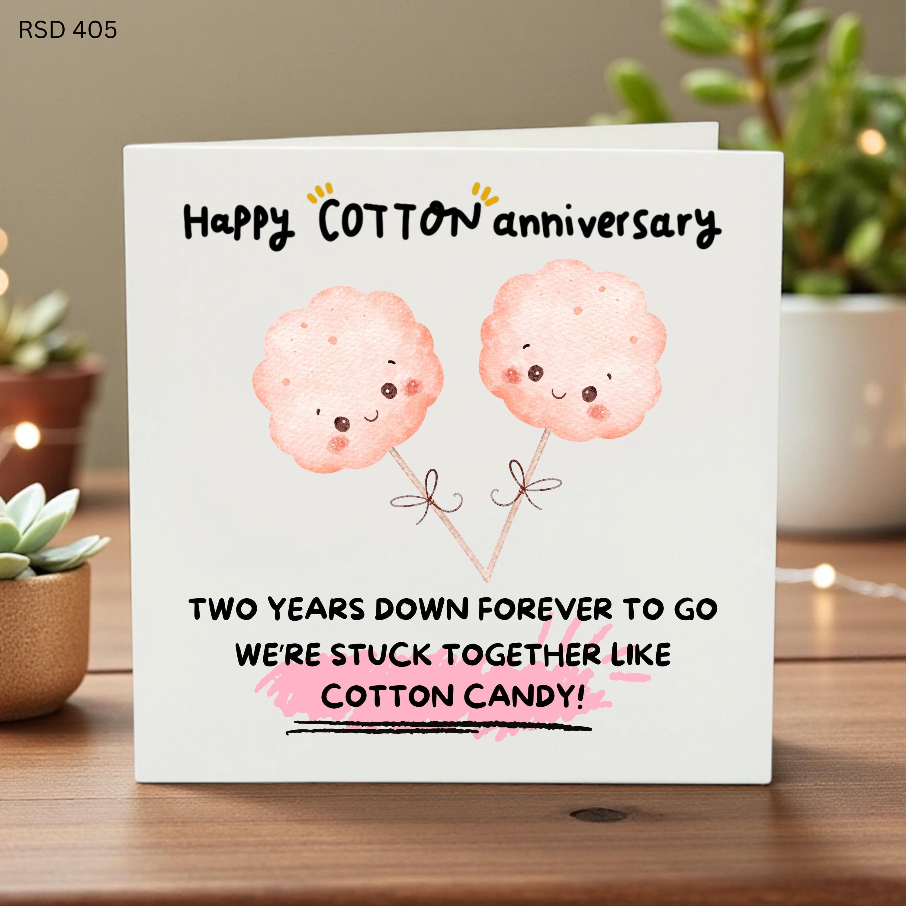 2nd Anniversary Card, Happy Cotton Anniversary, Two Years Down Forever To Go, Funny Cotton Candy Pun Card, Cute Couple Milestone Gift