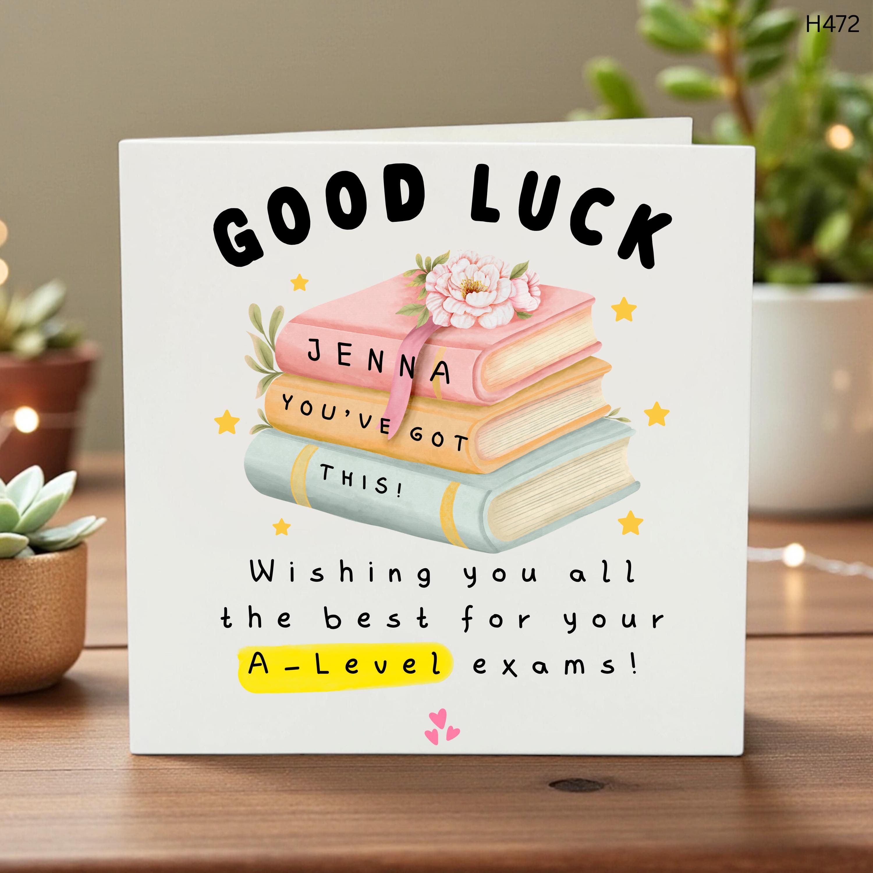 Personalized A Level Good Luck Card, Aesthetic Book Stack Exam Card, Custom Name Student Encouragement, Best of Luck with Exams, GCSE