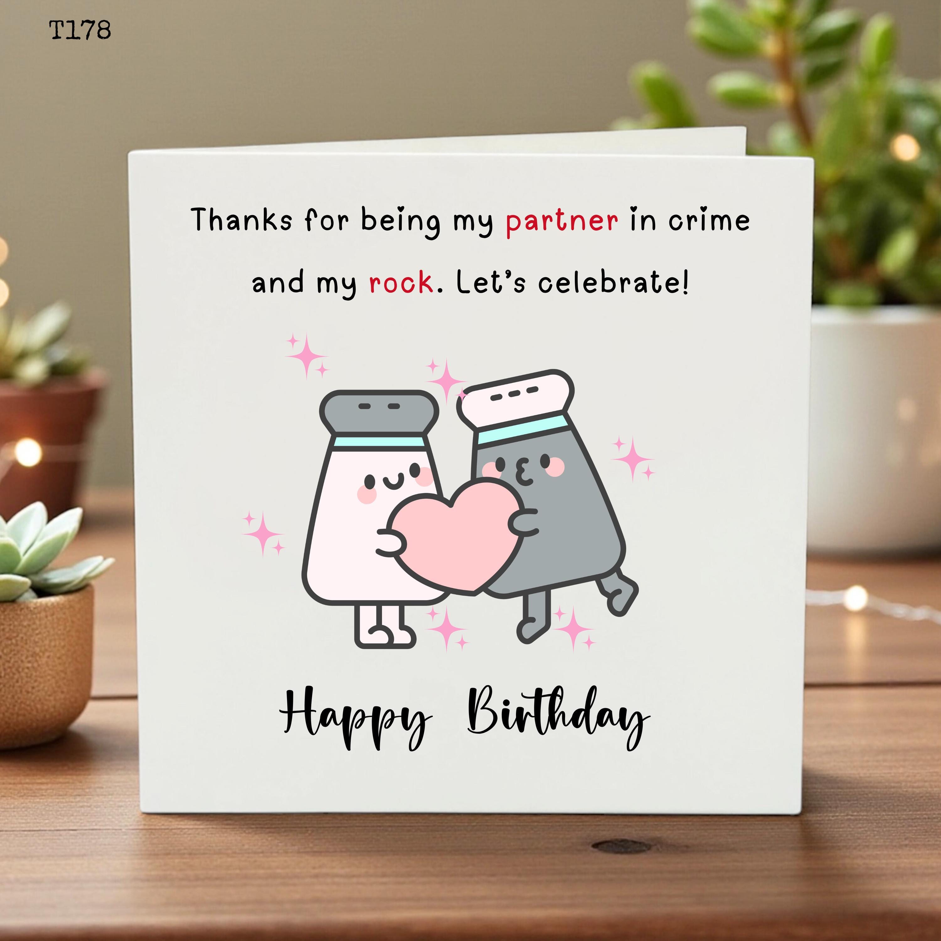 Cute Partner in Crime Birthday Card - You're My Rock Salt and Pepper Shakers Card - Romantic Birthday Gift for Husband, Boyfriend, Partner