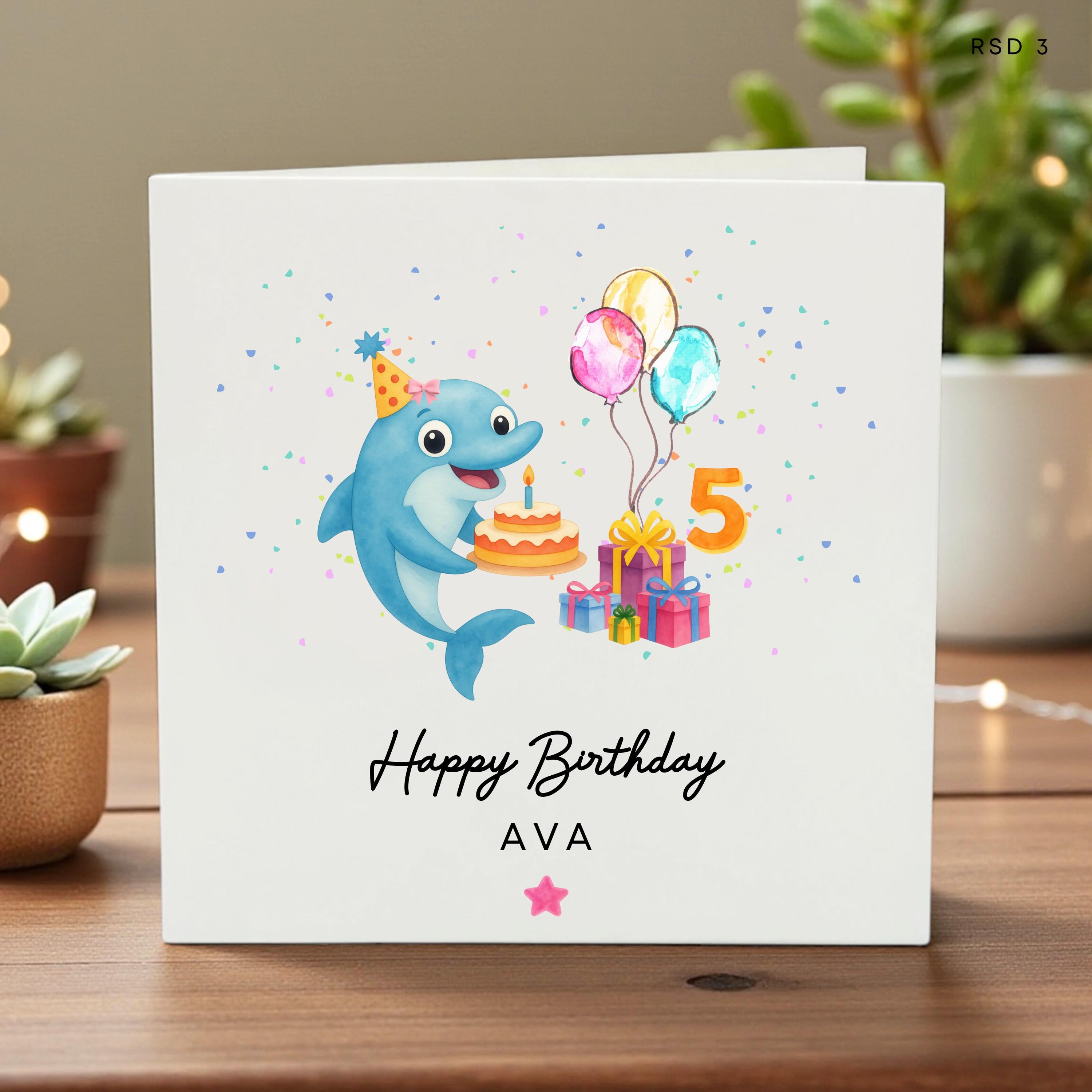 Personalized 5th Birthday Card for Girl, Cute Dolphin Theme Birthday Gift, Ocean Sea Life Daughter or Granddaughter Age 5 Card, Custom Ava