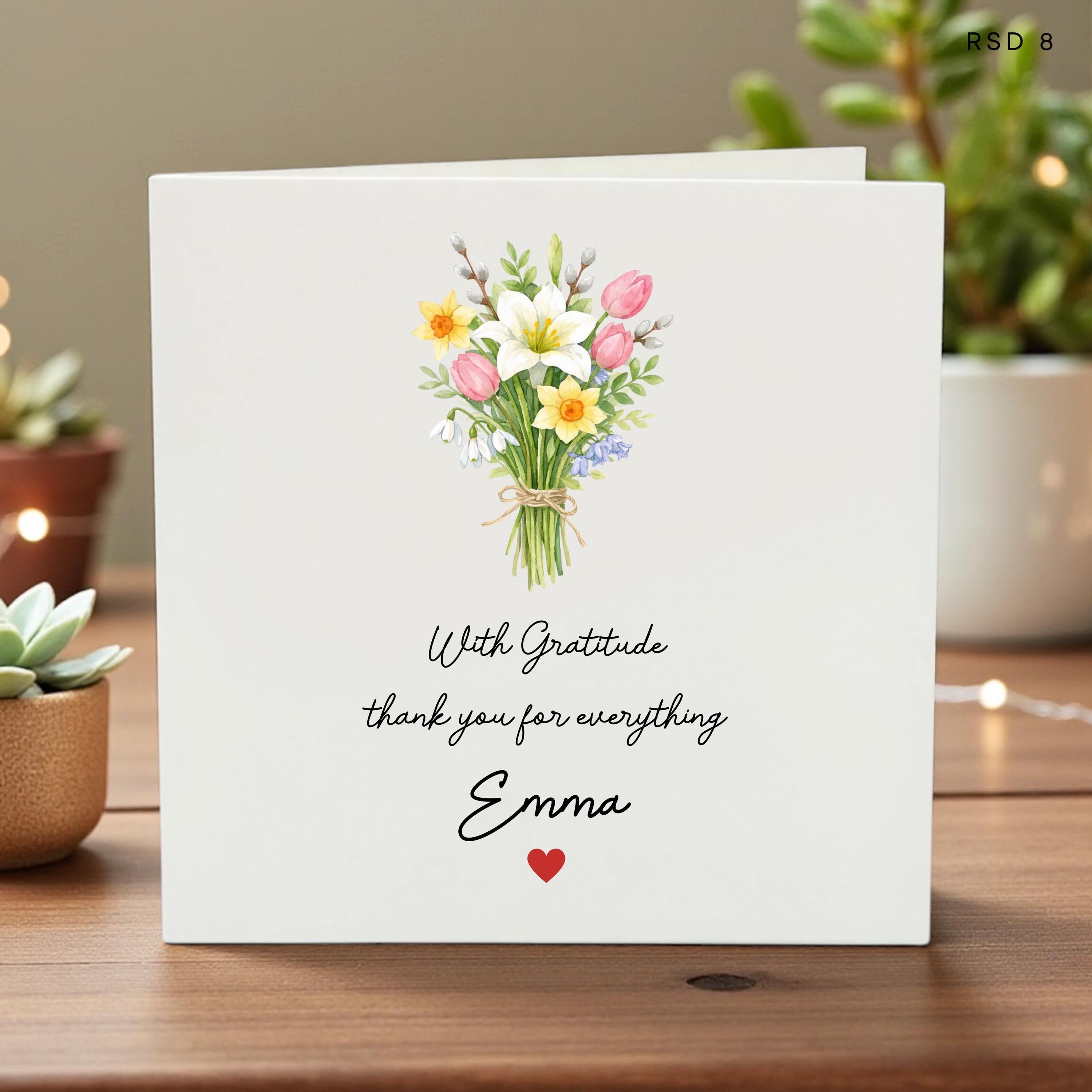 Personalized Floral Thank You Card, Custom Name Gratitude Gift, Spring Flower Bouquet Appreciation Card for Teacher or Friend, Emma Card