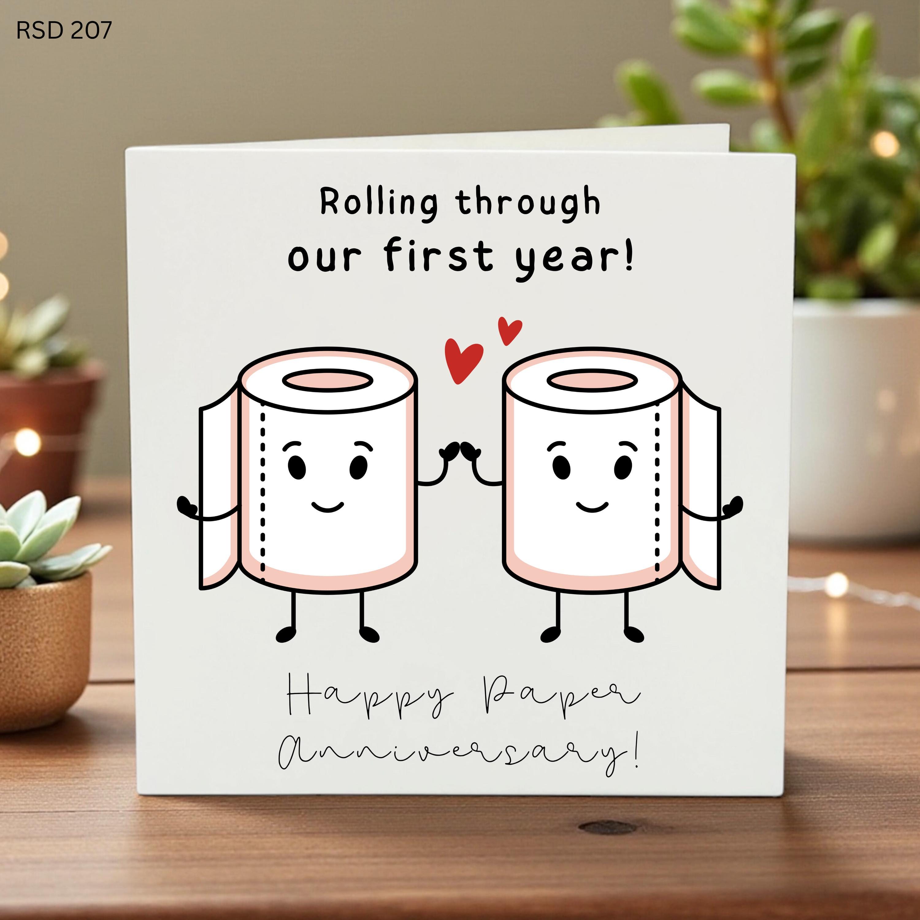 Funny 1st Anniversary Card, Rolling Through Our First Year, Paper Anniversary Gift for Husband or Wife, Cute Toilet Paper Pun Wedding Card