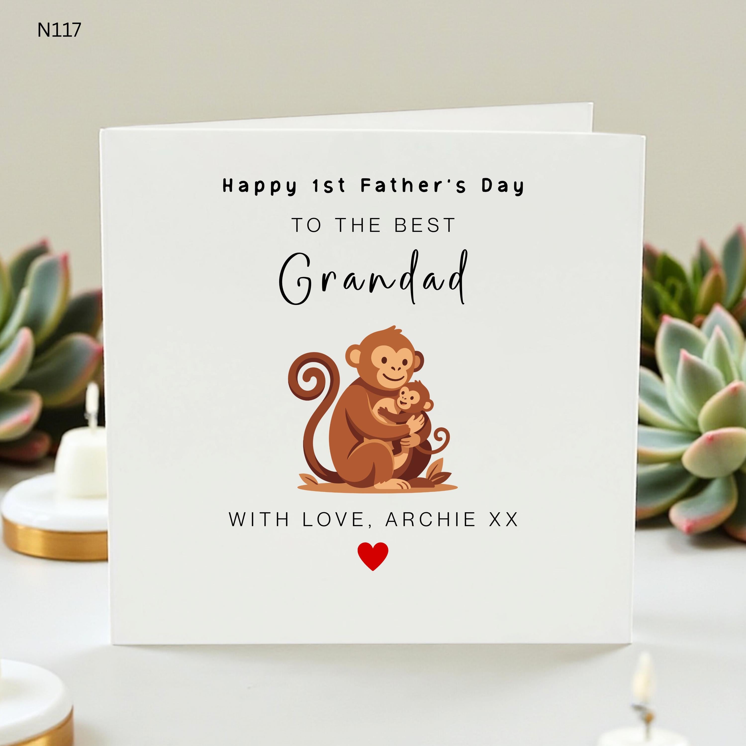 Personalized 1st Father's Day Card for Grandad, Cute Monkey Grandad Card, Custom Name First Fathers Day Gift, New Grandad Gift from Grandson
