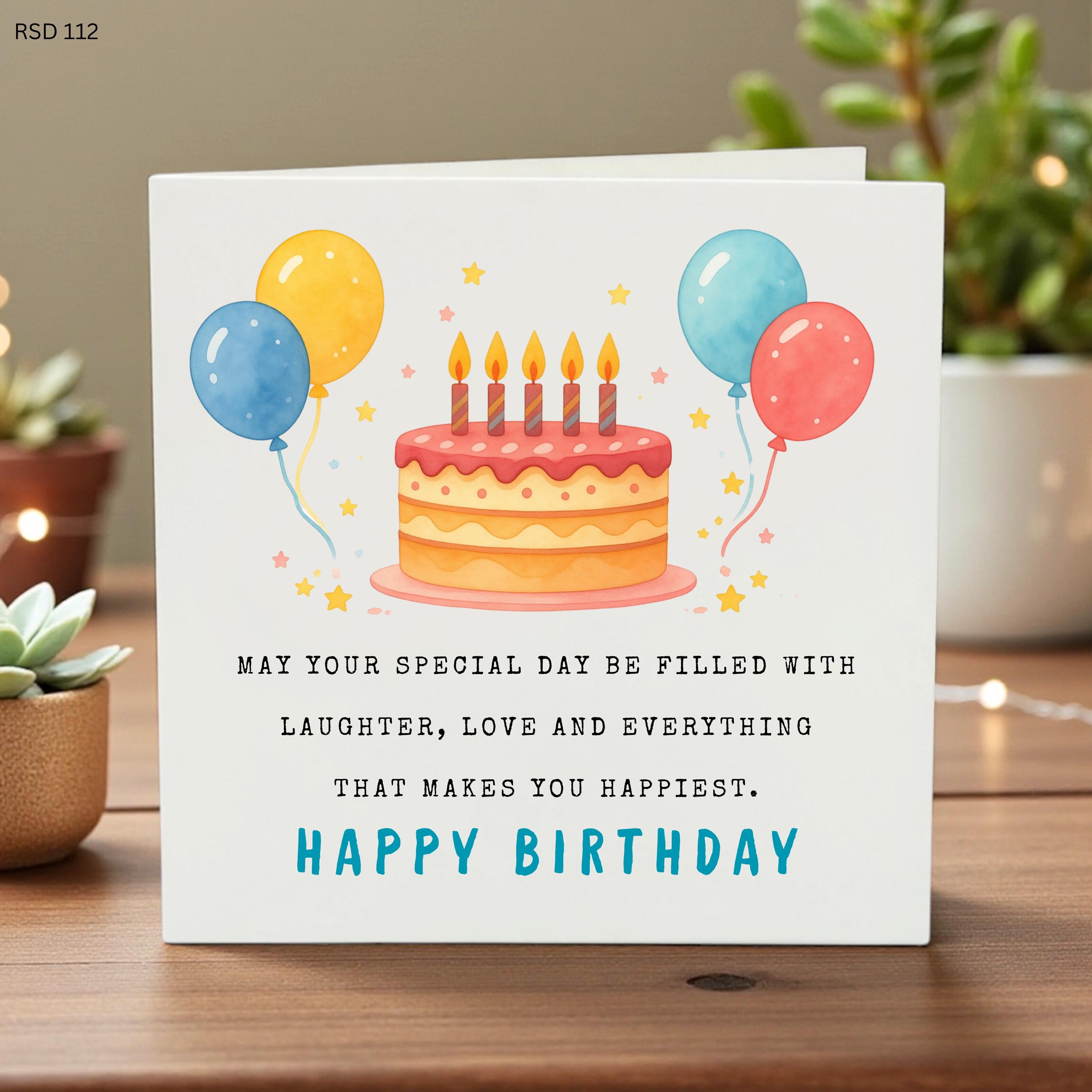 Birthday Card with Balloons and Cake, Personalized Happy Birthday Card for Friend or Sister, Cute Birthday Greeting Card for Her, Minimalist