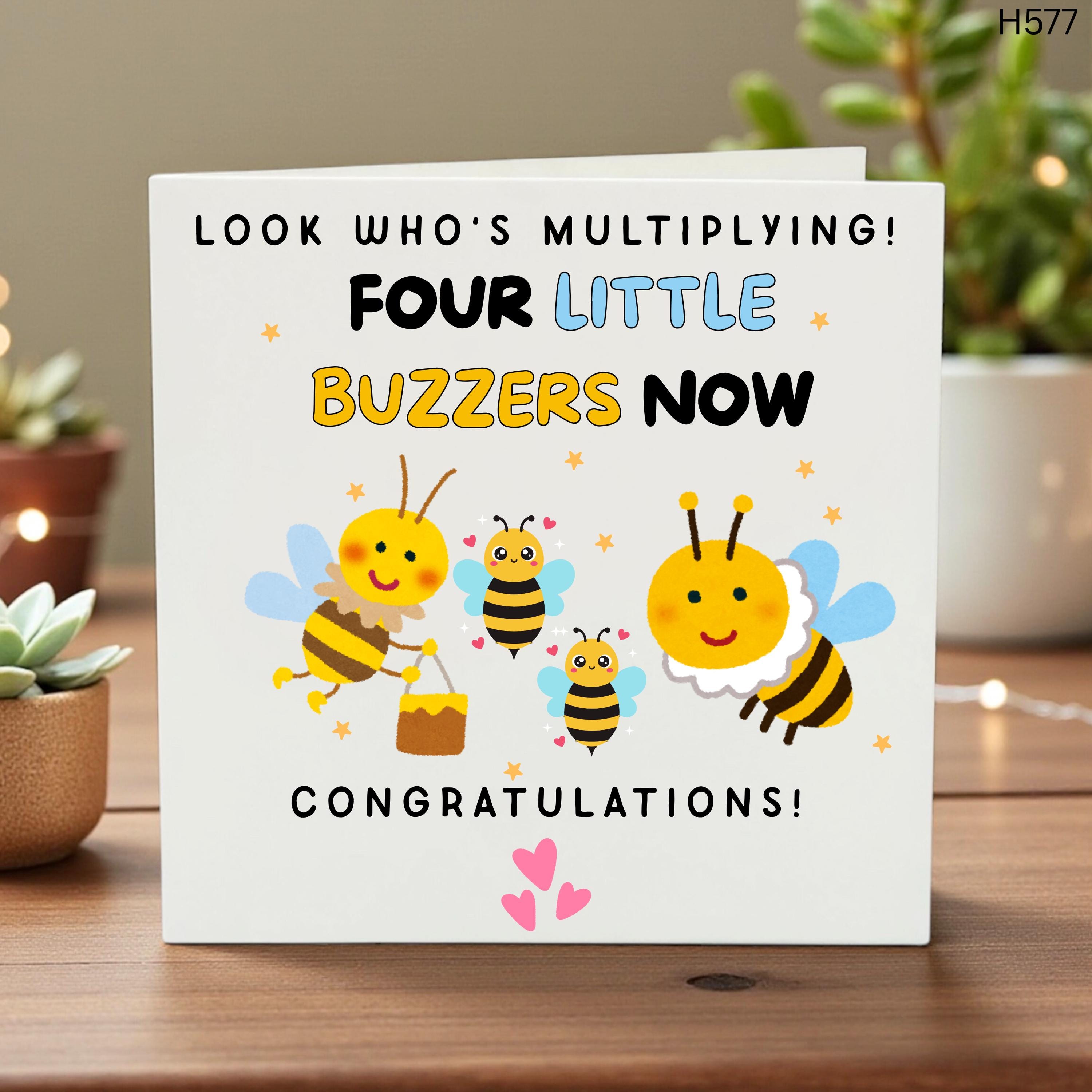 New Baby Card Family of Four, Look Who’s Multiplying Bee Card, Congratulations on Second Baby, New Big Brother Sister Gift, Bumble Bee Card