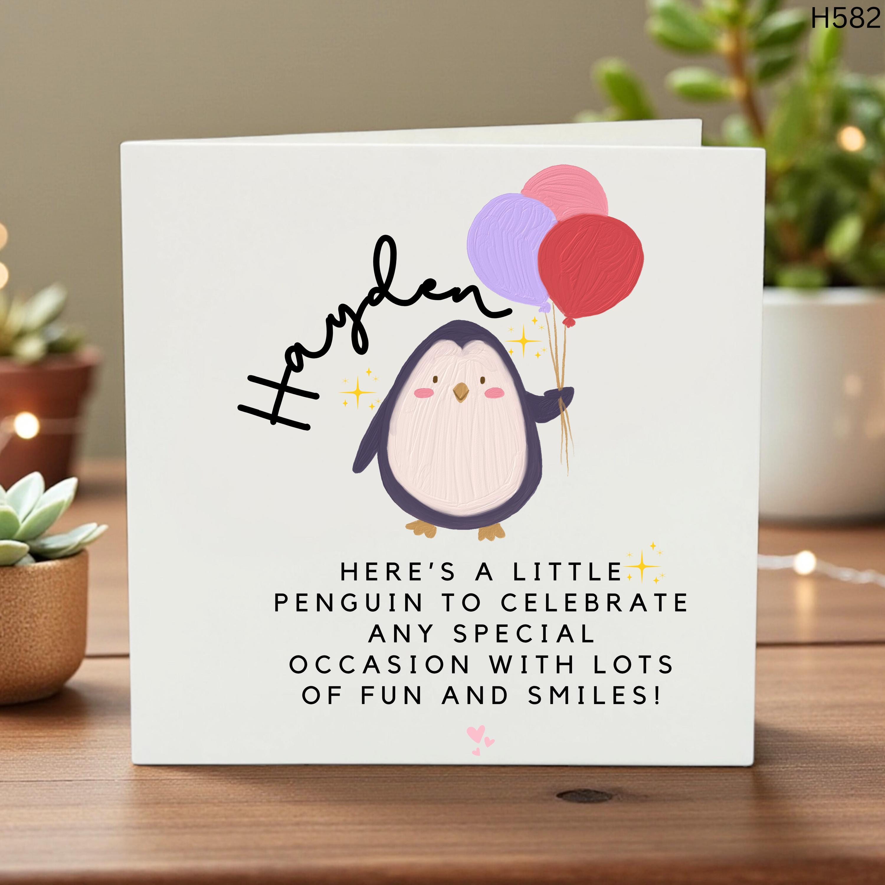 Personalized Penguin Birthday Card, Custom Name Any Occasion Card, Cute Penguin Balloon Greeting, Kids Birthday Card, Special Occasion Card