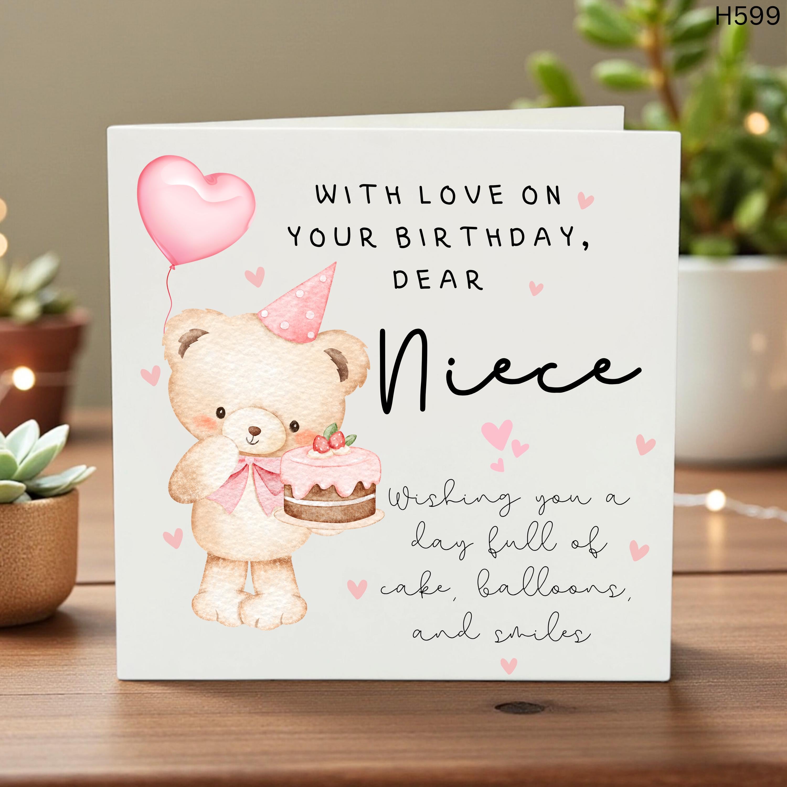 Niece Birthday Card, Cute Teddy Bear Birthday Card for Her, Personalized Niece Gift, Watercolor Bear Card, Happy Birthday Dear Niece, Pink