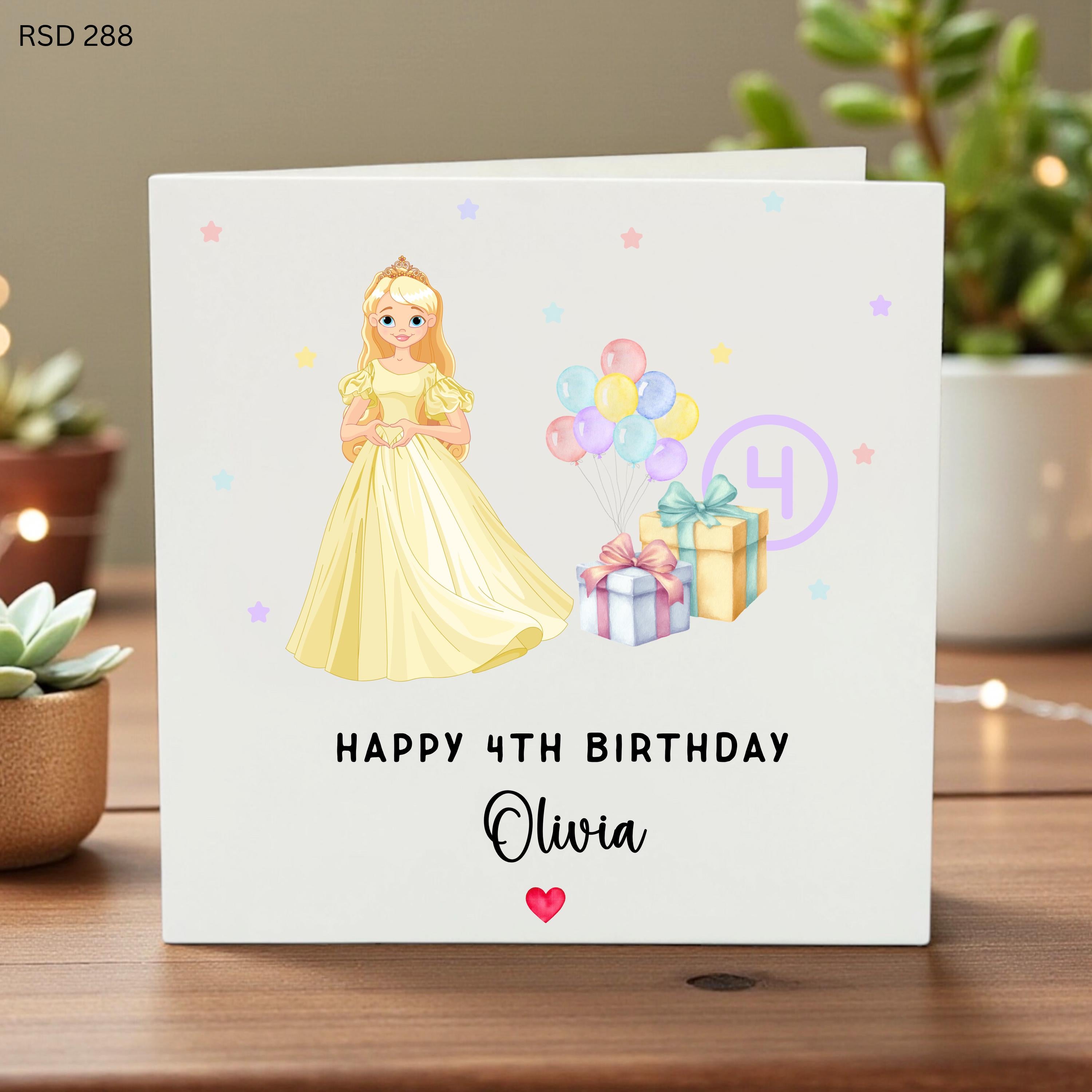 Personalized 4th Birthday Card for Daughter Granddaughter Niece, Custom Princess Birthday Card for Girl, 4 Year Old Birthday Gift
