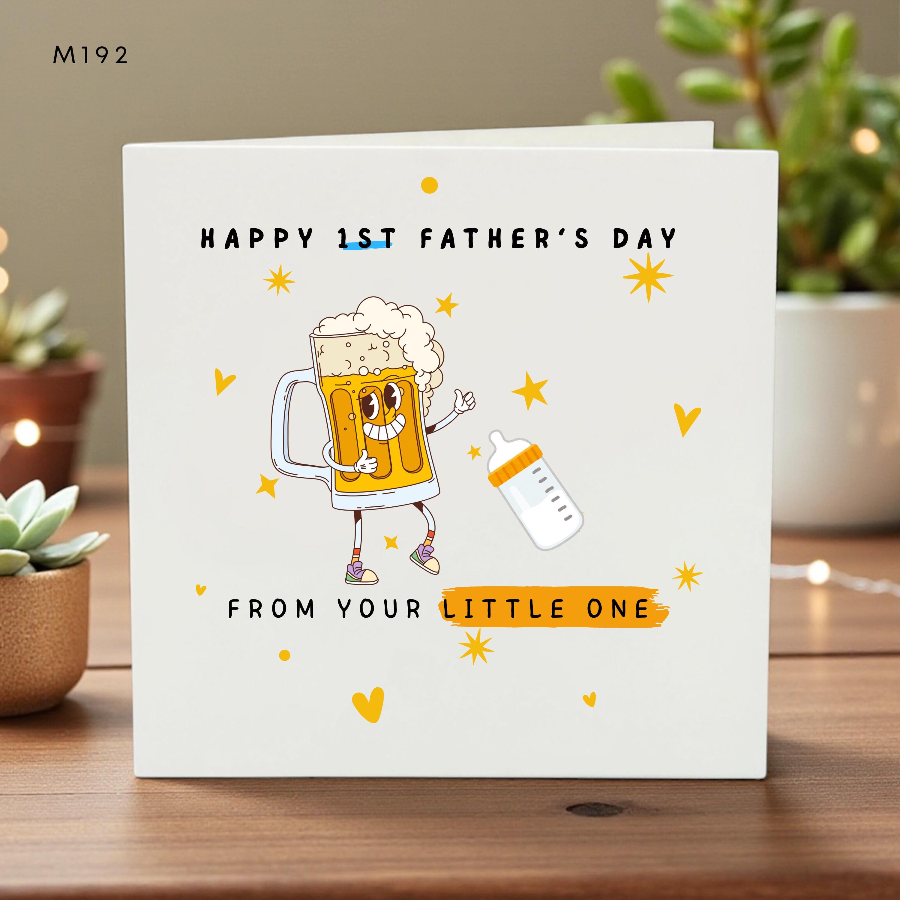 First Fathers Day Card for Daddy, From Your Little One, Cute Beer and Baby Bottle Illustration, Personalized Kids Names, Dad Gift
