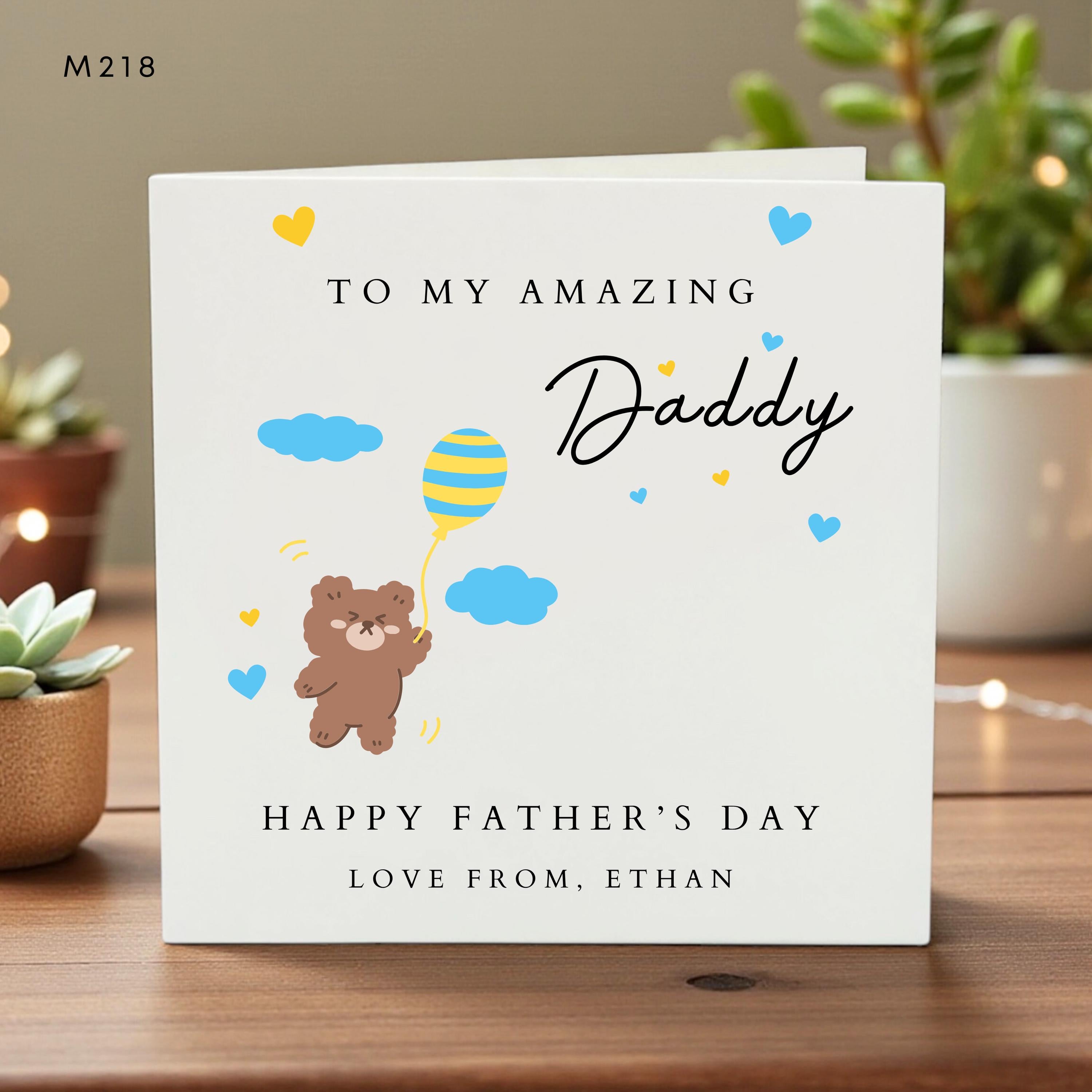 To My Amazing Daddy Father’s Day Card, Personalized Kids Card for Dad, Cute Bear & Balloon Design, Love From Child, Dad Gift