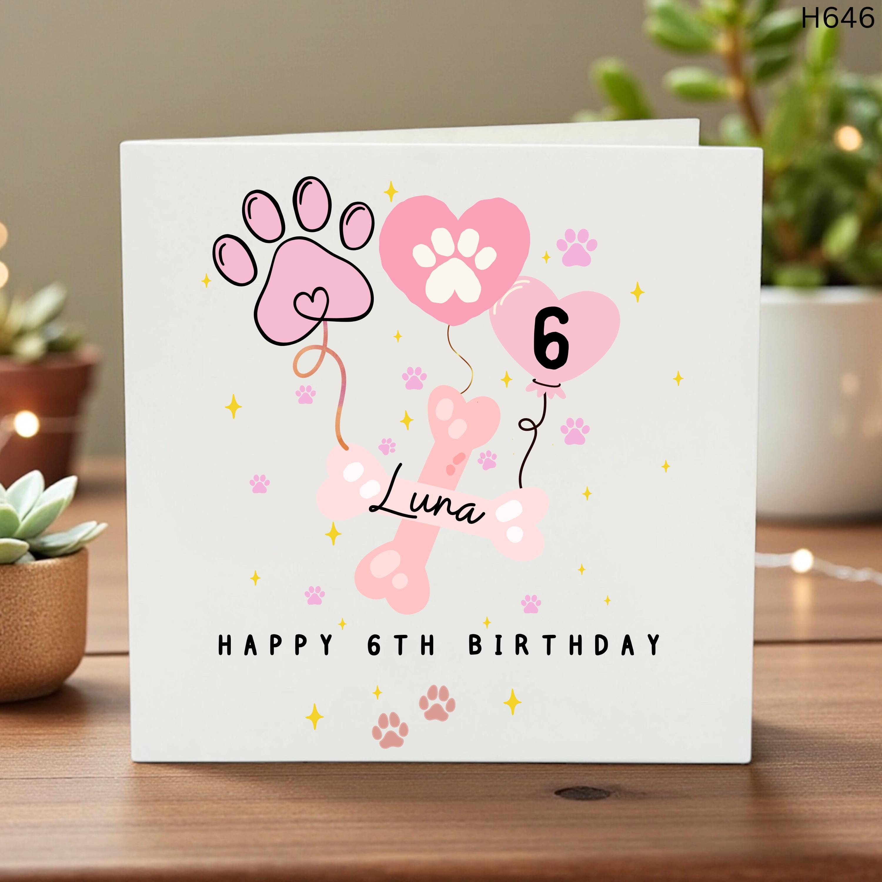 Personalized 6th Birthday Card, Dog Paw Birthday Card, Girl 6th Birthday, Custom Name Card, Puppy Party Theme, Cute Dog Birthday, Sixth