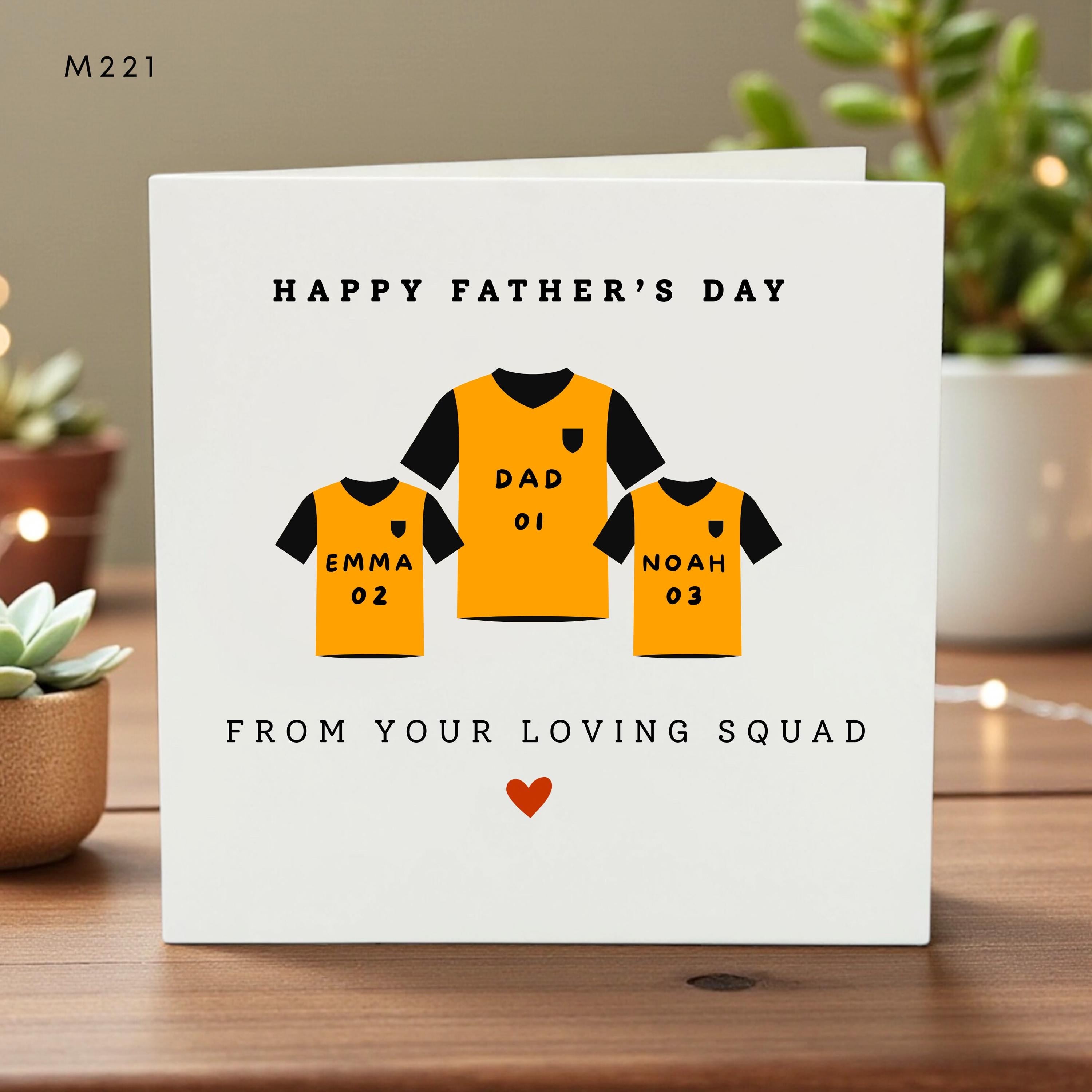 Personalized Father’s Day Card for Dad, Custom Name Jersey Design, Kids Gift, Family Squad, Custom Names on Shirts, Dad Card