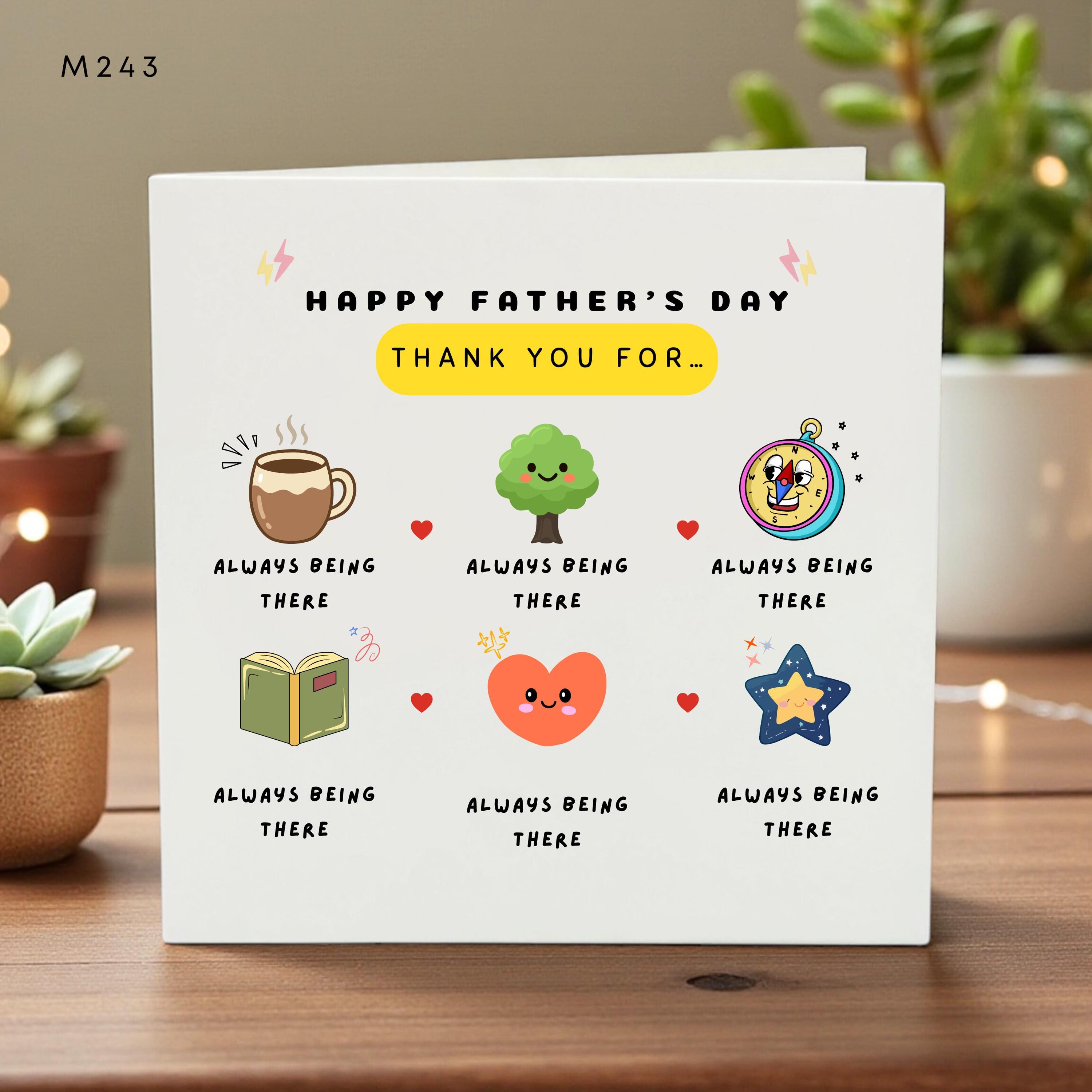 Father’s Day Card for Dad, Cute Illustrated Greetings, Thank You for Always Being There, Fun Cartoon Icons, Unique Gift Card