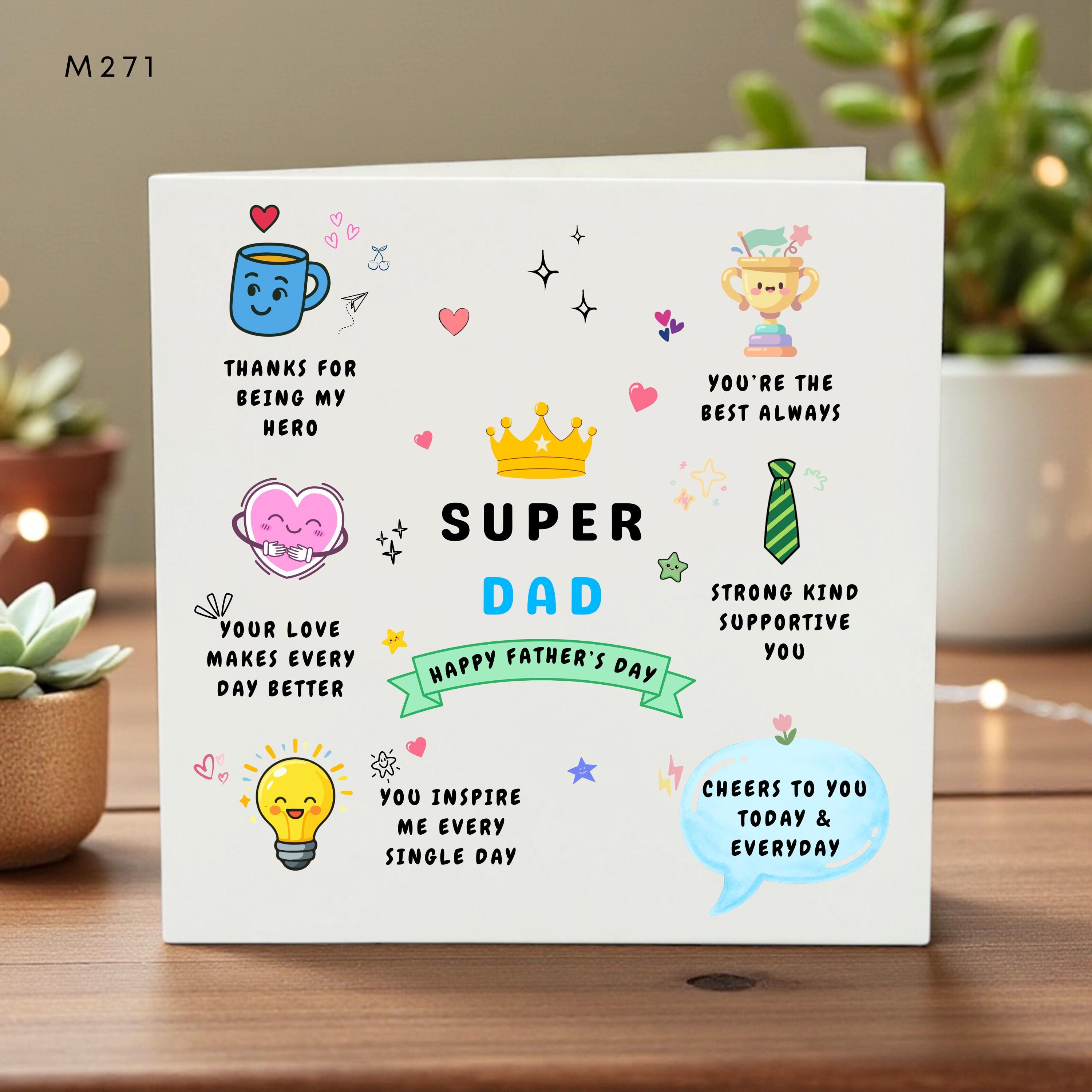 Super Dad Card, Happy Father’s Day Greeting, Strong Kind Supportive Hero, Cute Fun Illustrated Gift for Dad, Love Appreciation