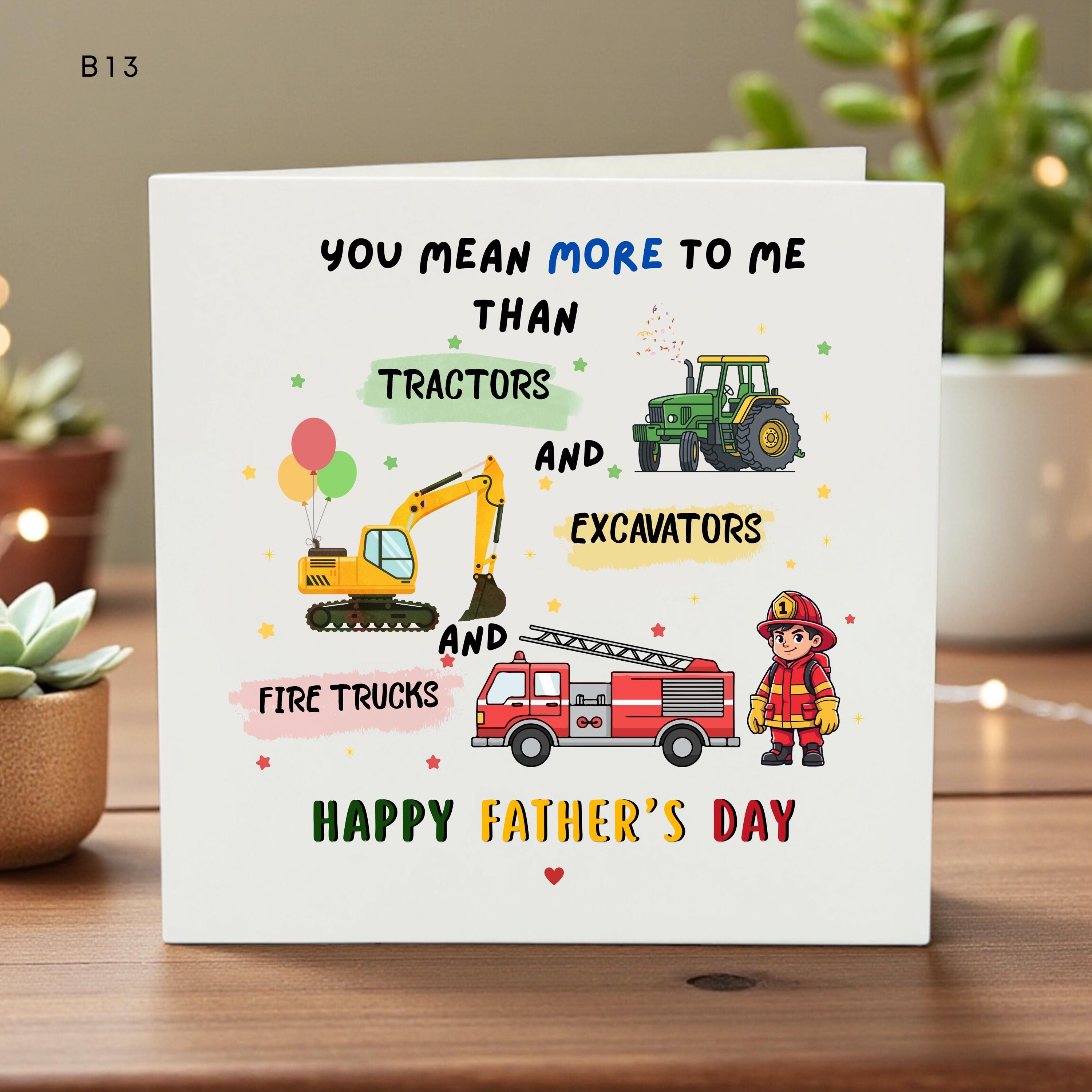 Personalized Father’s Day Card for Dad, Cute Construction & Fire Truck Design, Custom Message, Kids Love Gift, Unique Daddy Card
