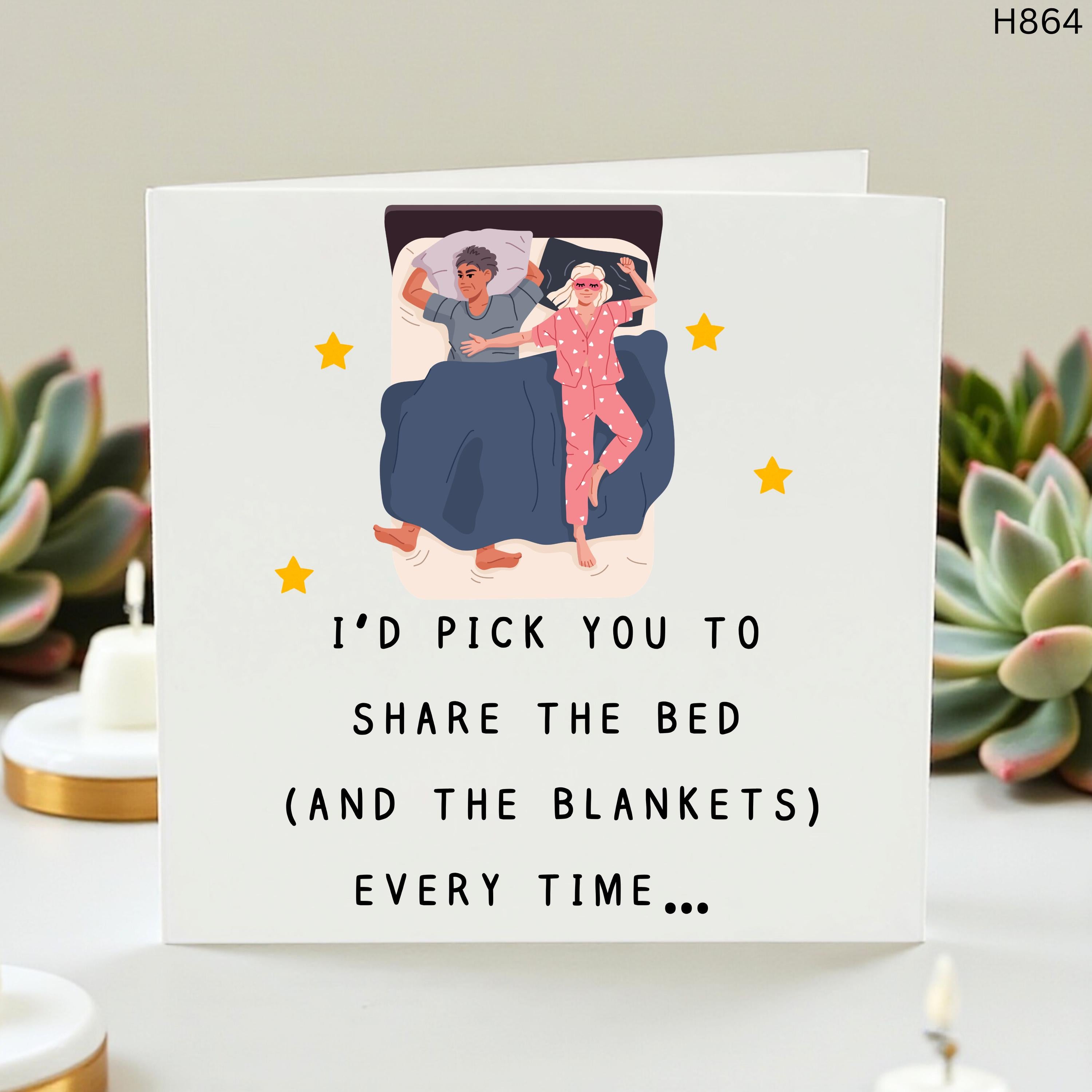 Funny Anniversary Card for Husband or Wife, I'd Pick You To Share The Bed Blanket Thief Card, Cute Birthday Card for Boyfriend Girlfriend