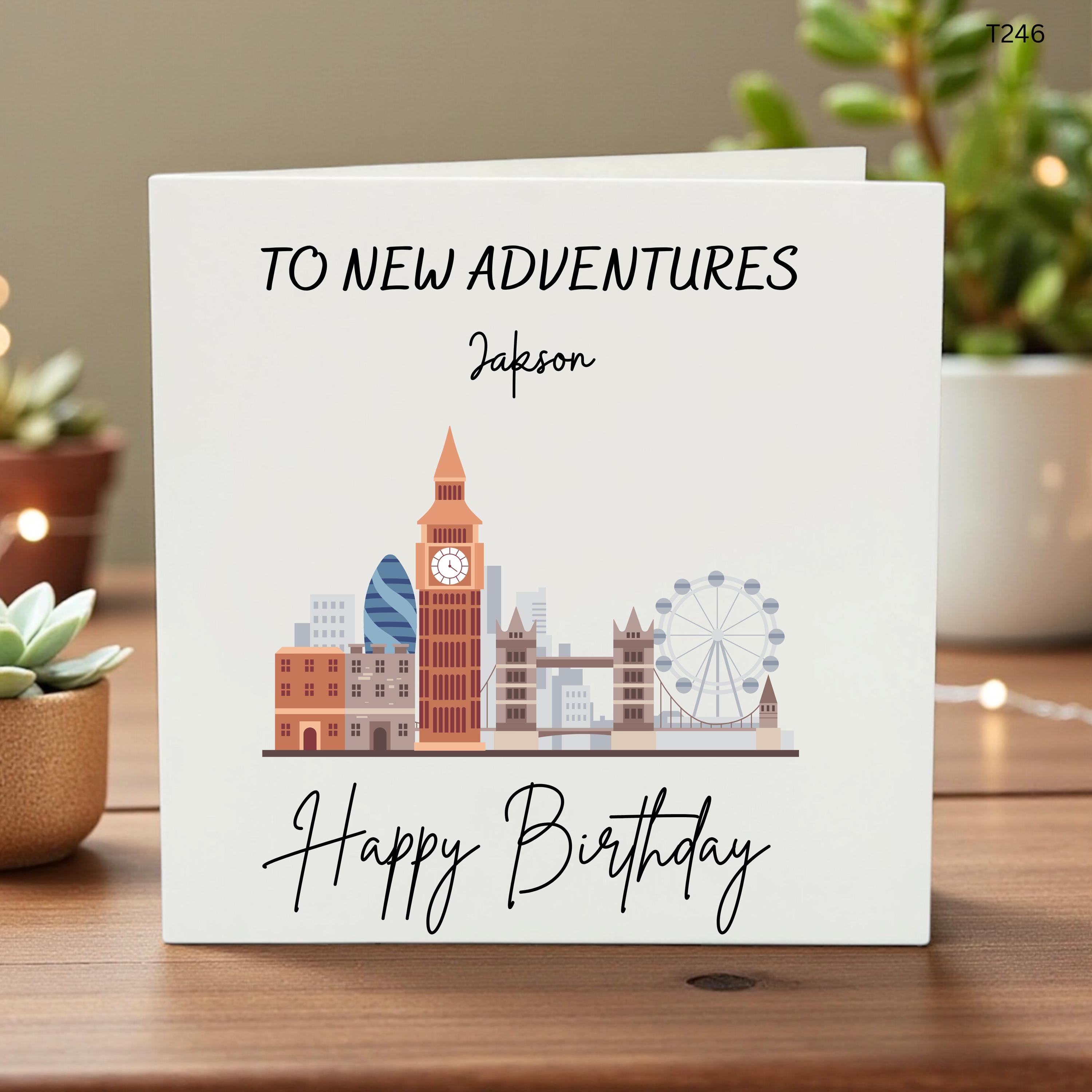 Personalized London Birthday Card, Custom Name Travel Theme Greeting Card, To New Adventures Card, Moving Away Gift, London Skyline Birthday