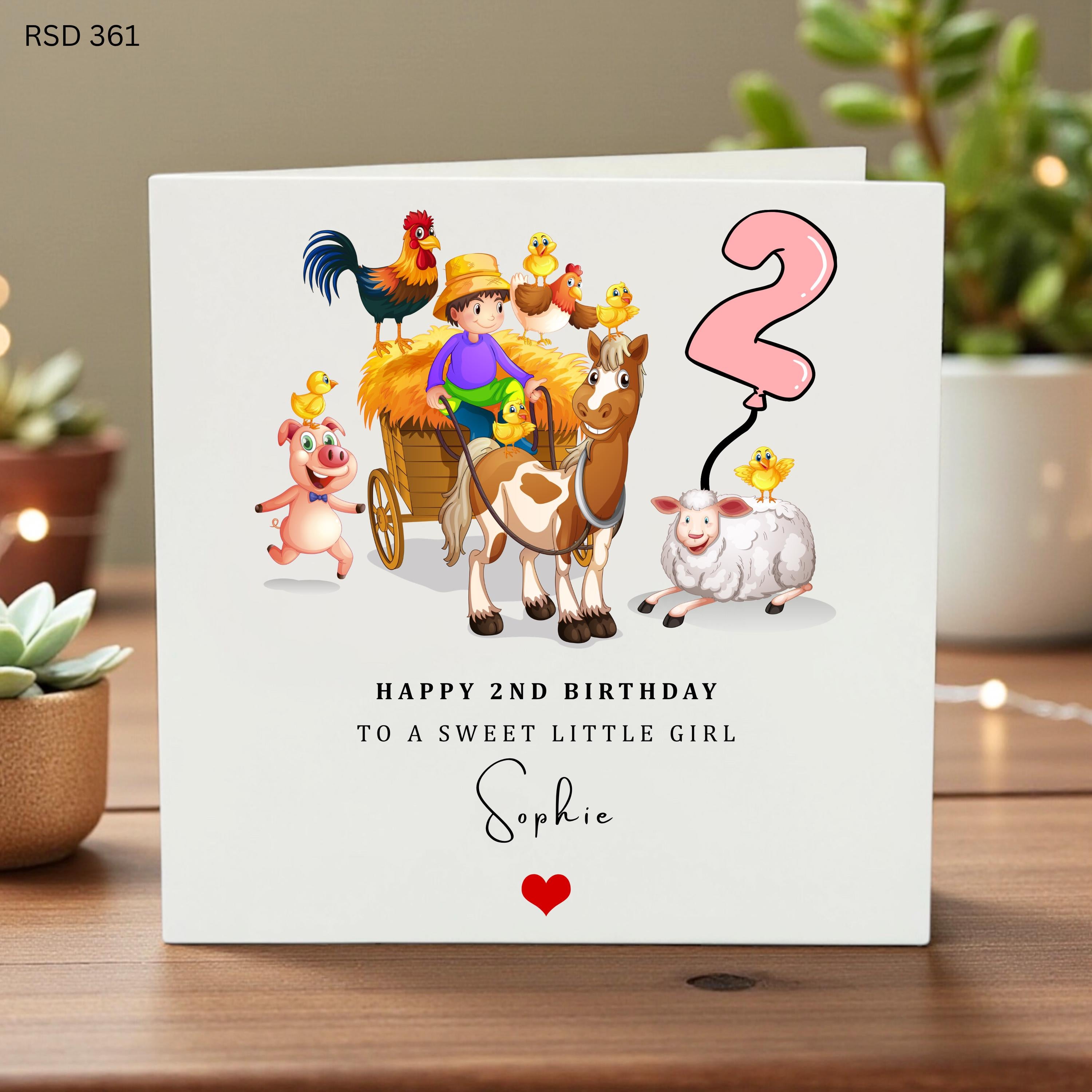 Personalized 2nd Birthday Card, Farm Animal Birthday, Custom Name Birthday Card, Second Birthday Girl, Farm Theme Birthday, Animal Birthday