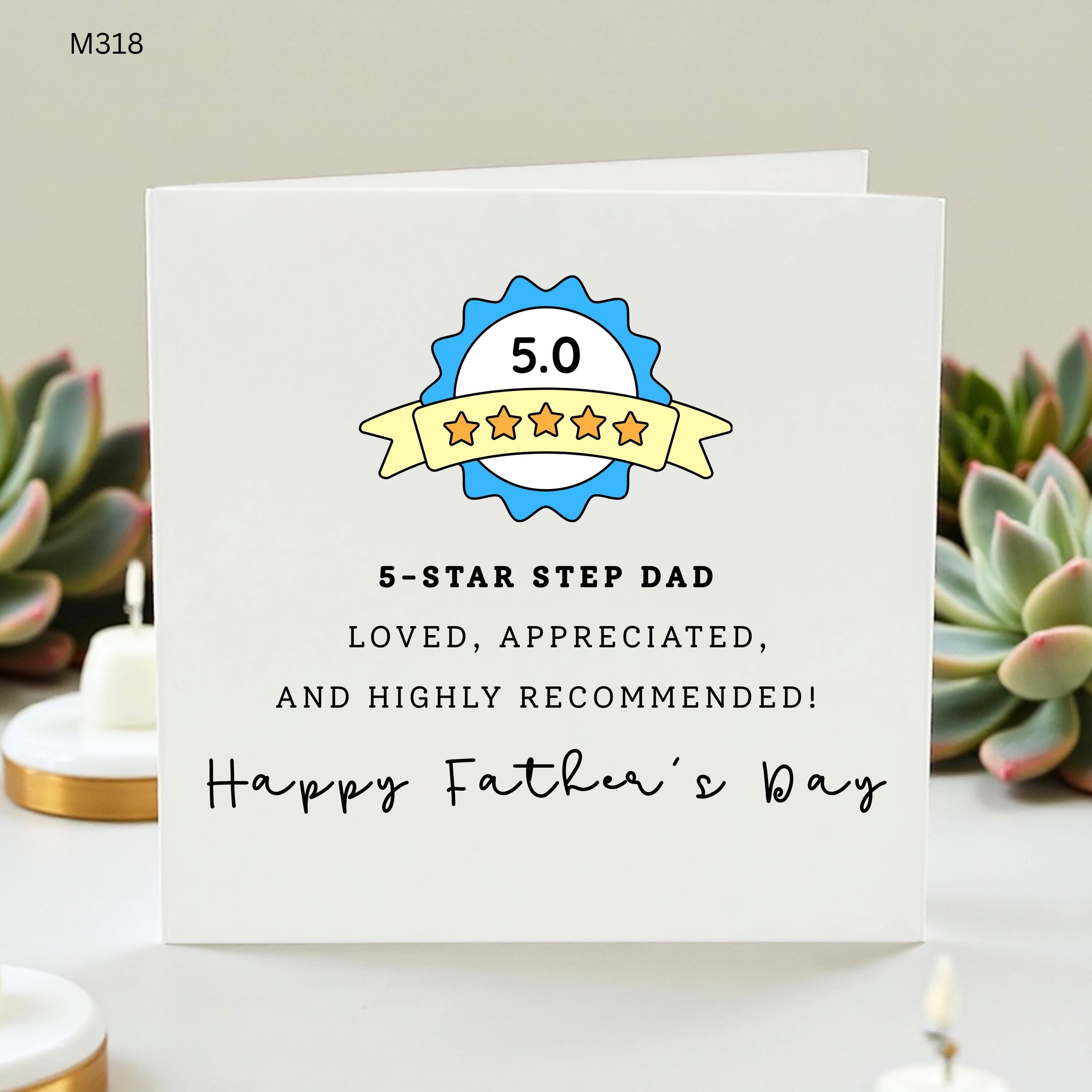 Personalised 5 Star Step Dad Fathers Day Card, Funny Bonus Dad Rating Card, Loved Appreciated Stepdad Gift From Step Son Daughter Gift Ideas
