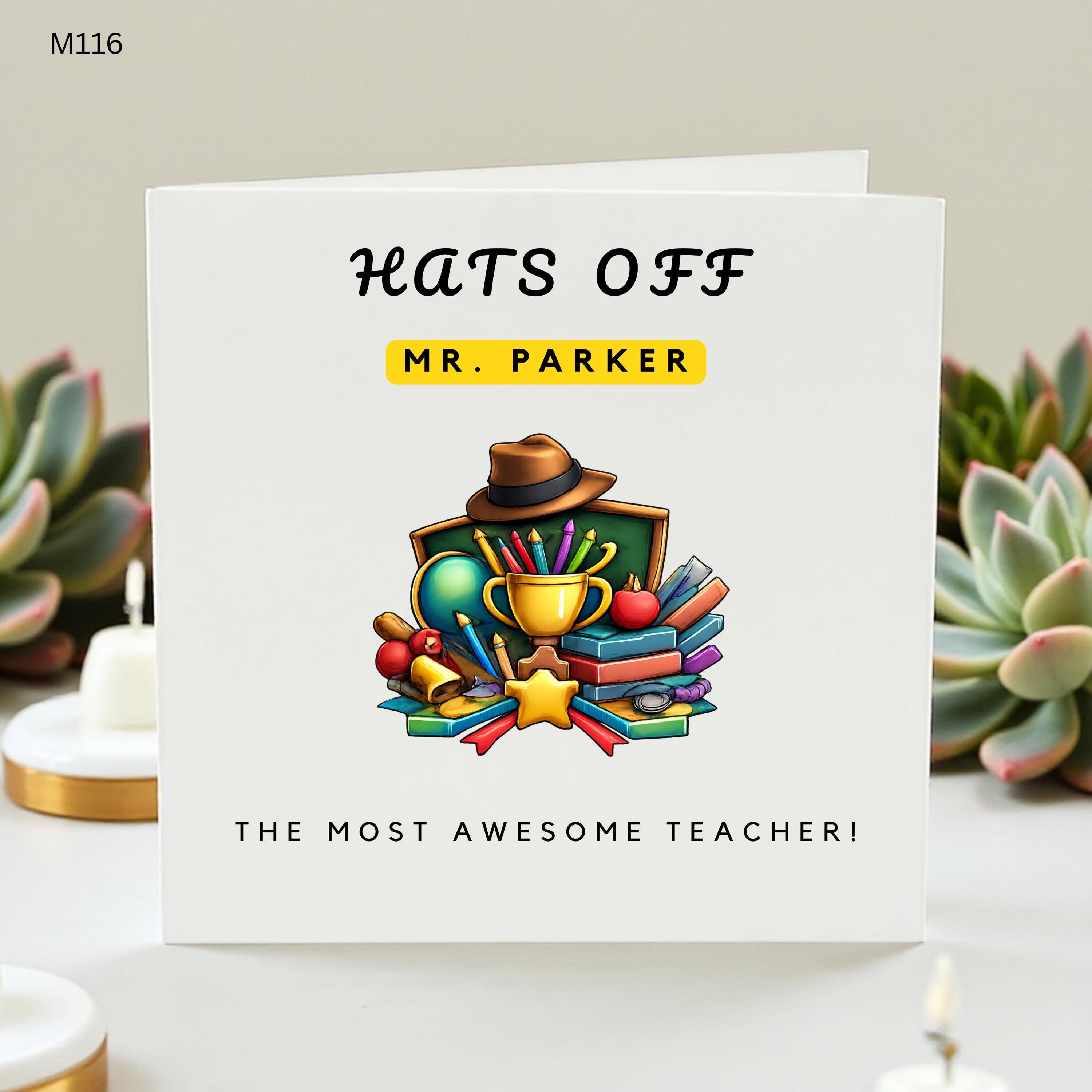 Personalized Teacher Appreciation Card, Hats Off to The Most Awesome Teacher, Custom Name Teacher Thank You Card, End of Year School Card