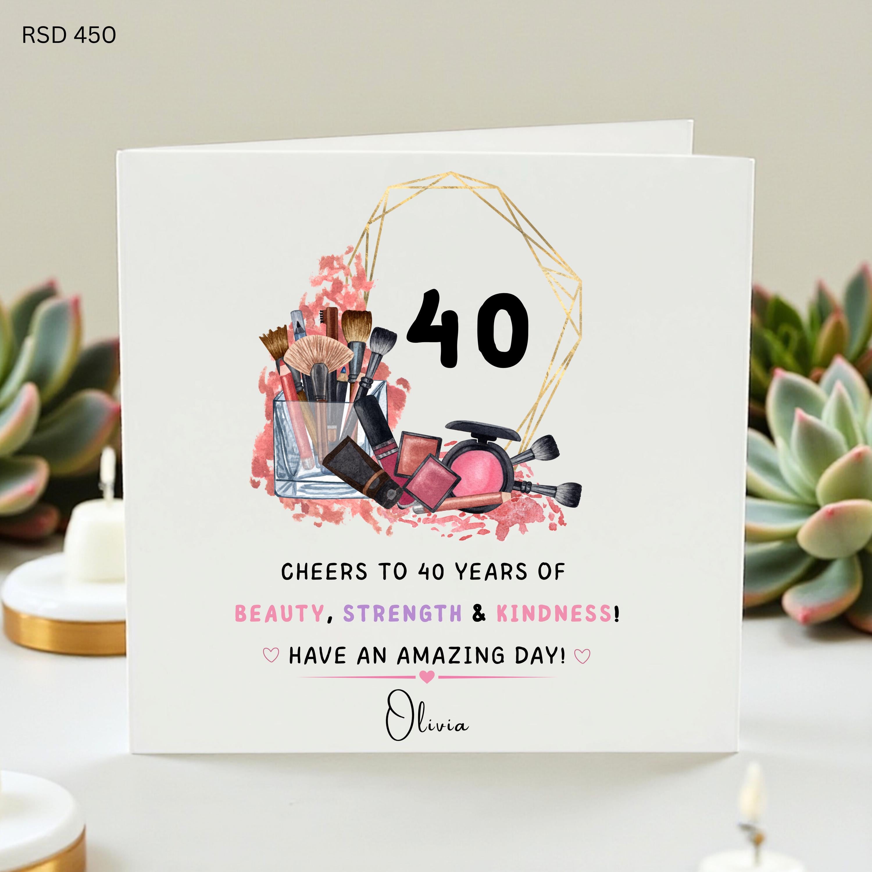 Personalized 40th Birthday Card, Cheers to 40 Years, Makeup Theme, Beauty Greeting, Female Birthday Card, Custom Name Option