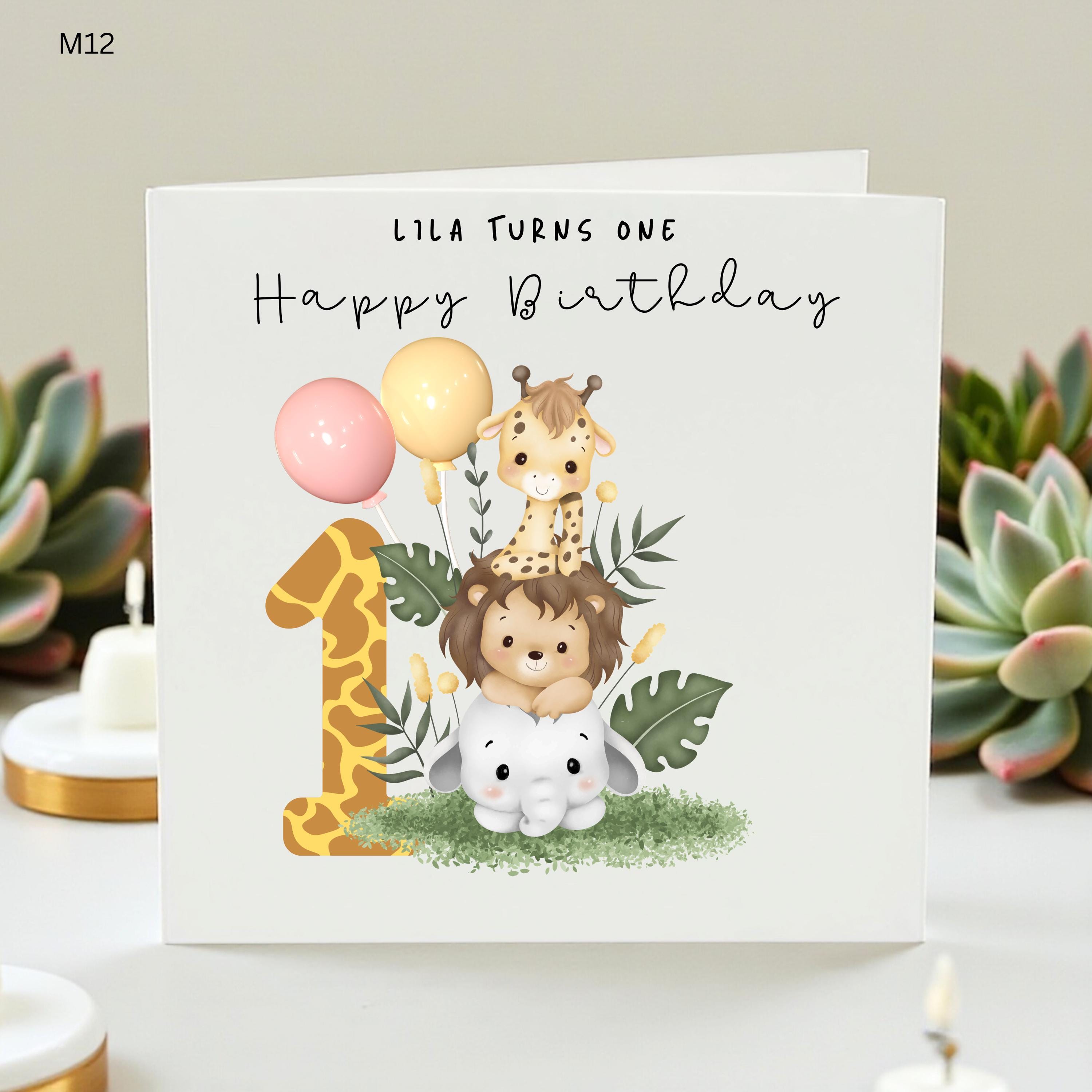 Personalized 1st Birthday Card, First Birthday Girl Card, Custom Name Birthday, Safari Animal Theme,Baby Girl First Birthday,Jungle Birthday
