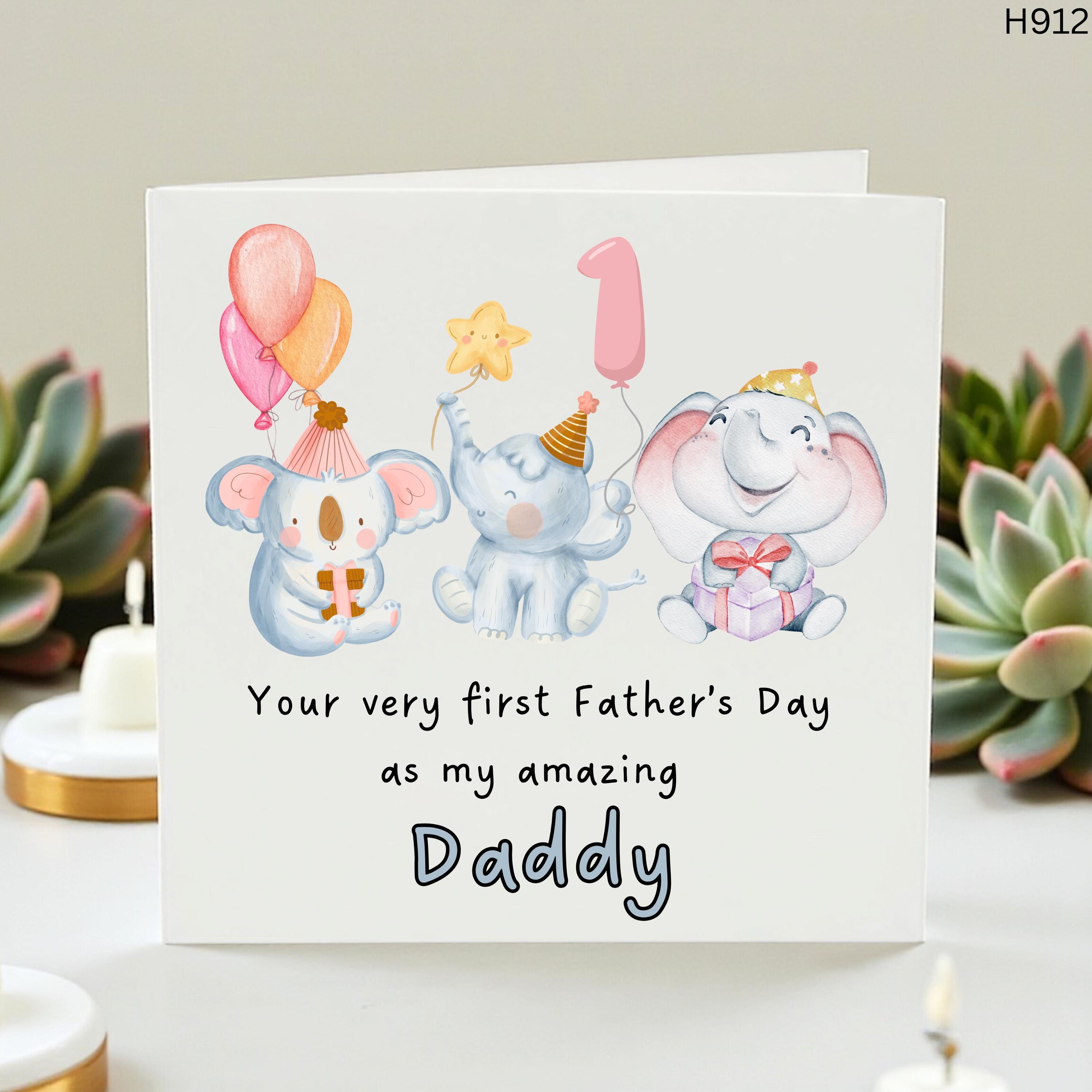 First Father's Day Card, 1st Fathers Day Gift for New Dad, Amazing Daddy Card from Baby, Cute Elephant and Koala Watercolor Greeting Card