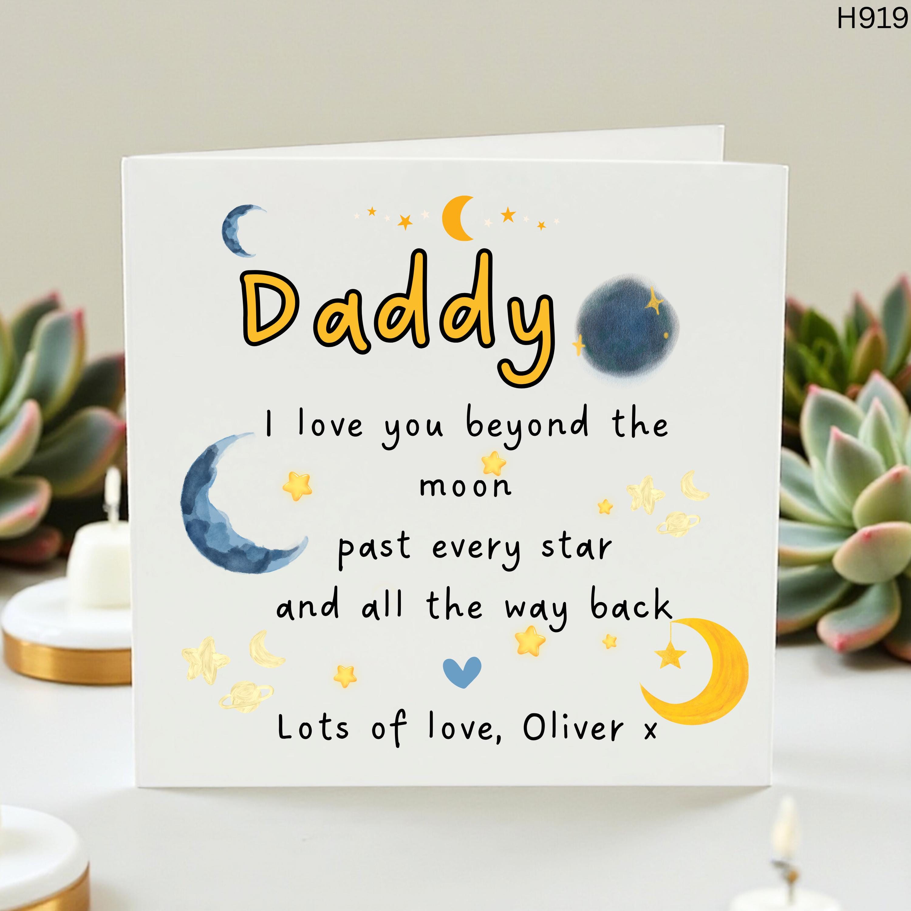 Personalized Love You Beyond the Moon Daddy Card, Custom Name Father's Day Card from Son or Daughter, Moon and Stars Birthday Card for Dad