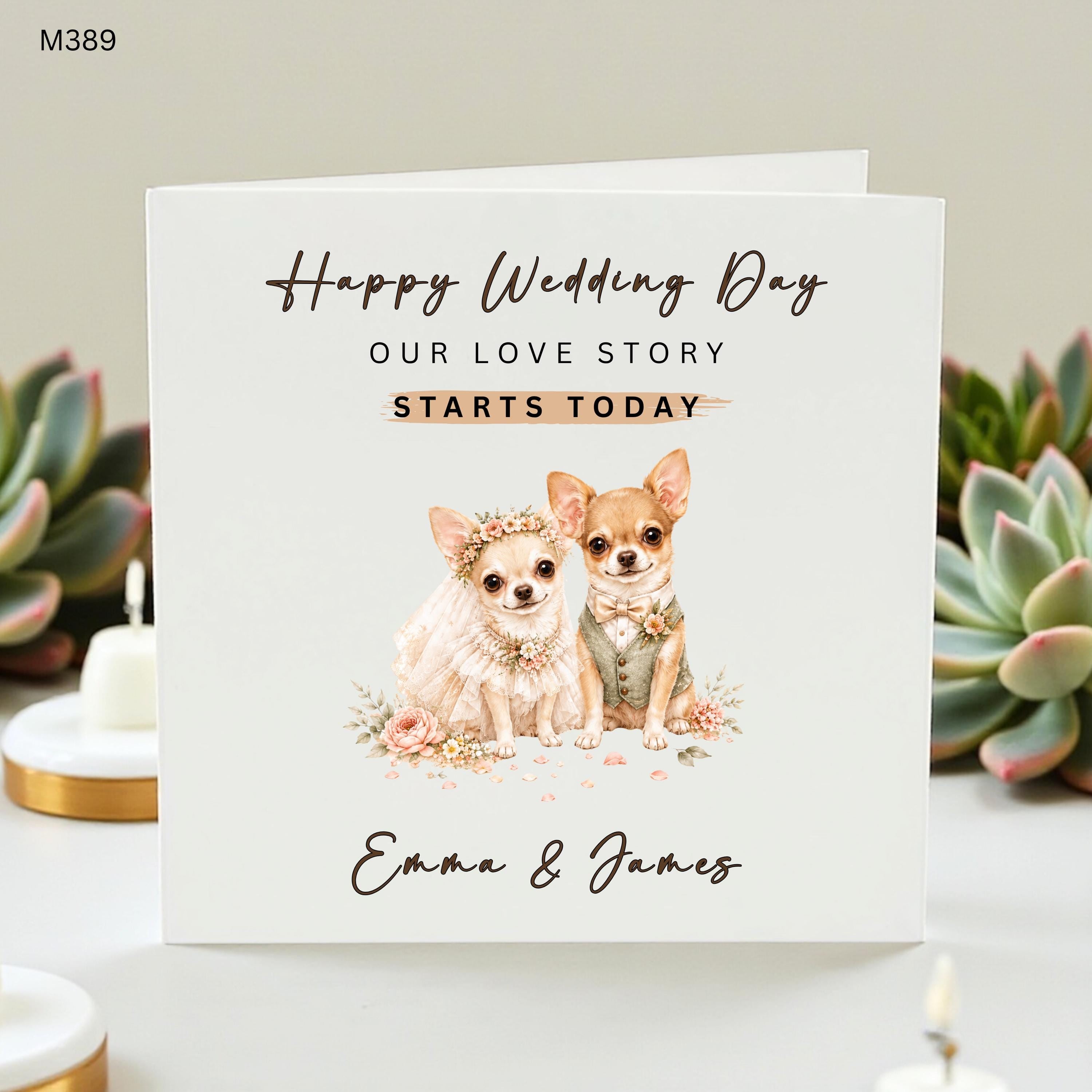 Personalized Chihuahua Wedding Day Card for Bride and Groom, Custom Names Dog Lovers Wedding Card, Cute Chihuahua Couple Mr and Mrs Card