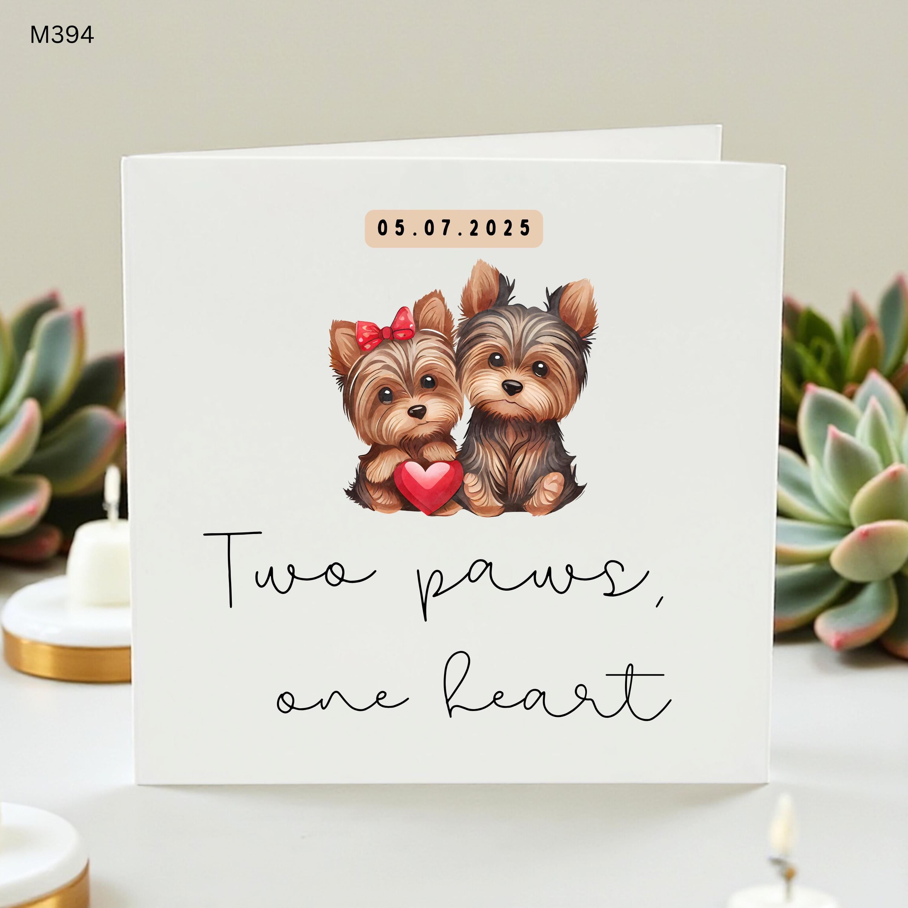 Personalized Yorkie Anniversary Card with Date, Yorkshire Terrier Dog Lover Gift, Two Paws One Heart Custom Greeting Card for Husband Wife
