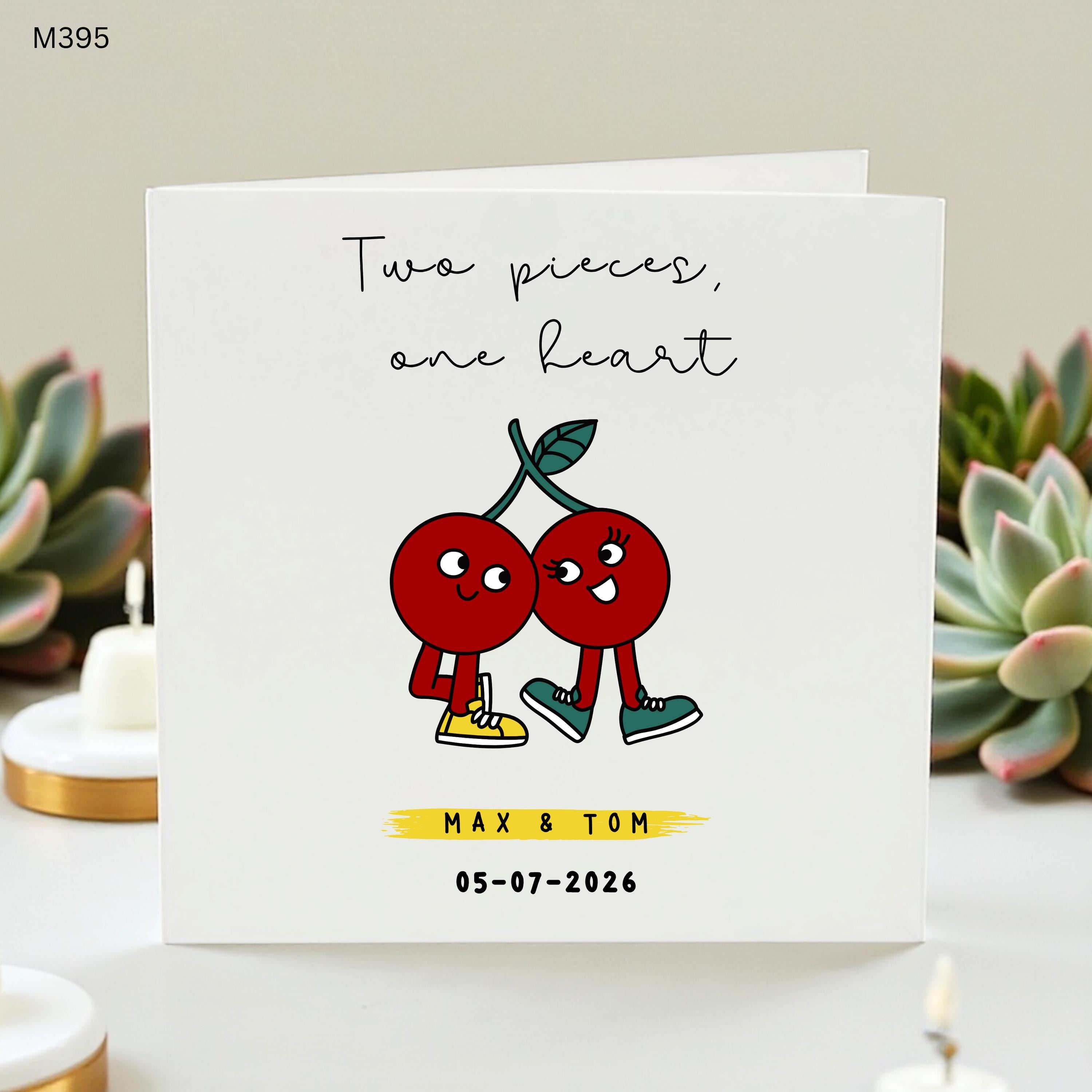 Personalized Cherry Anniversary Card for Couple, Custom Names & Date Wedding Card, Two Pieces One Heart Cute Fruit Pun Card for Her Him