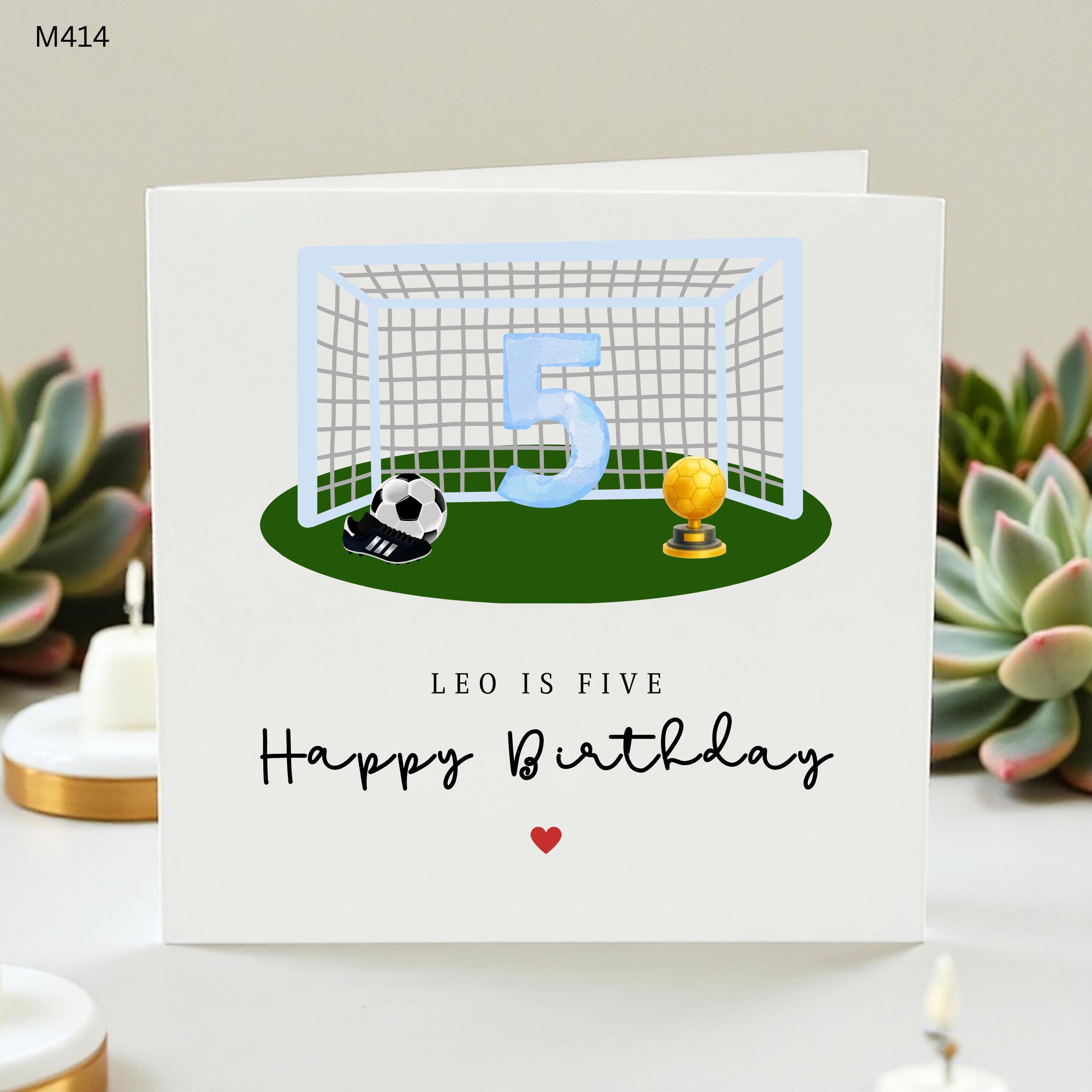 Personalized 5th Birthday Card for Boys, Soccer Football Theme Greeting Card with Custom Name, Happy 5 Today Card for Son or Grandson, Leo