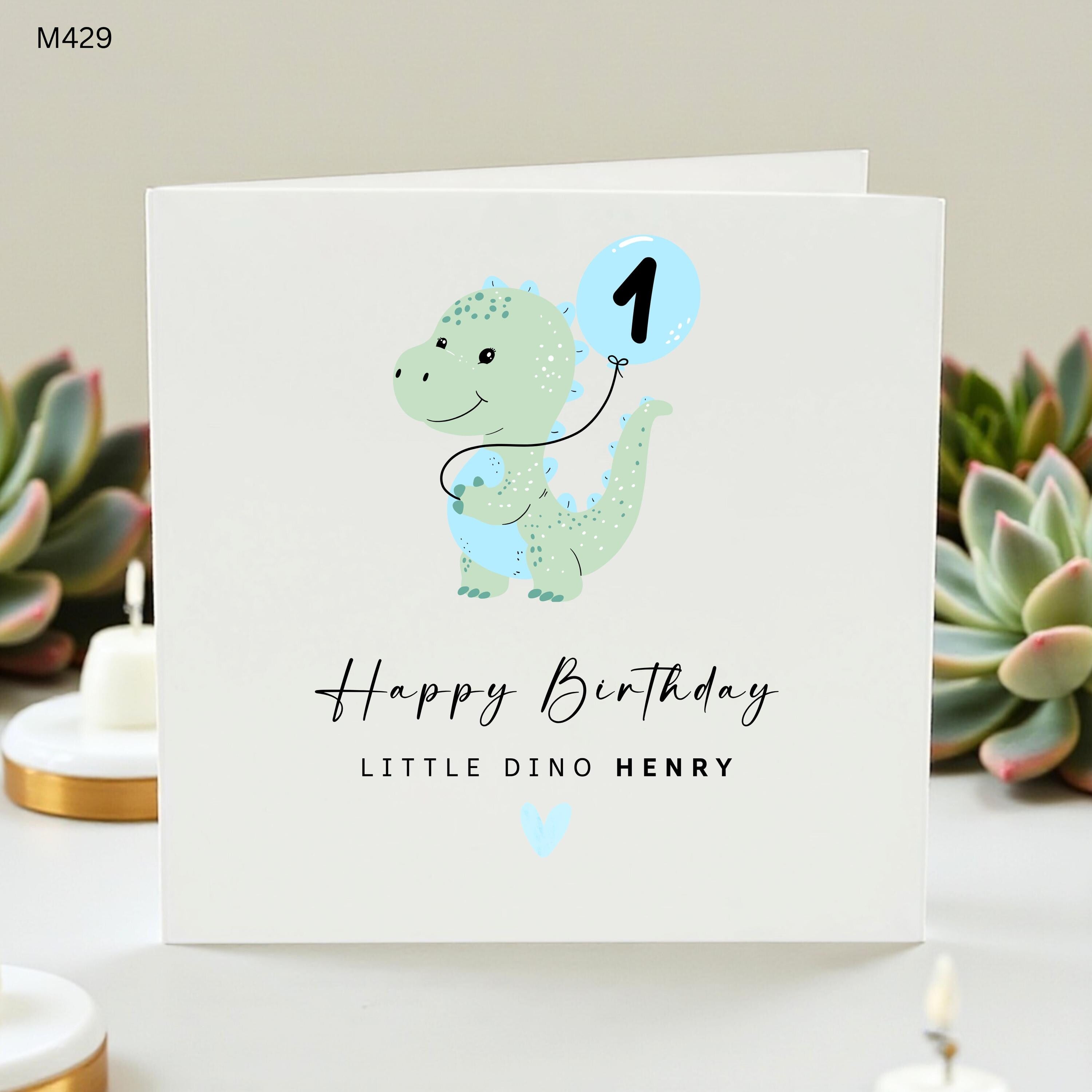 Personalized 1st Birthday Card for Boy, Little Dino Custom Name Card, First Birthday Dinosaur Card, Cute Blue Dino Birthday Card for Henry