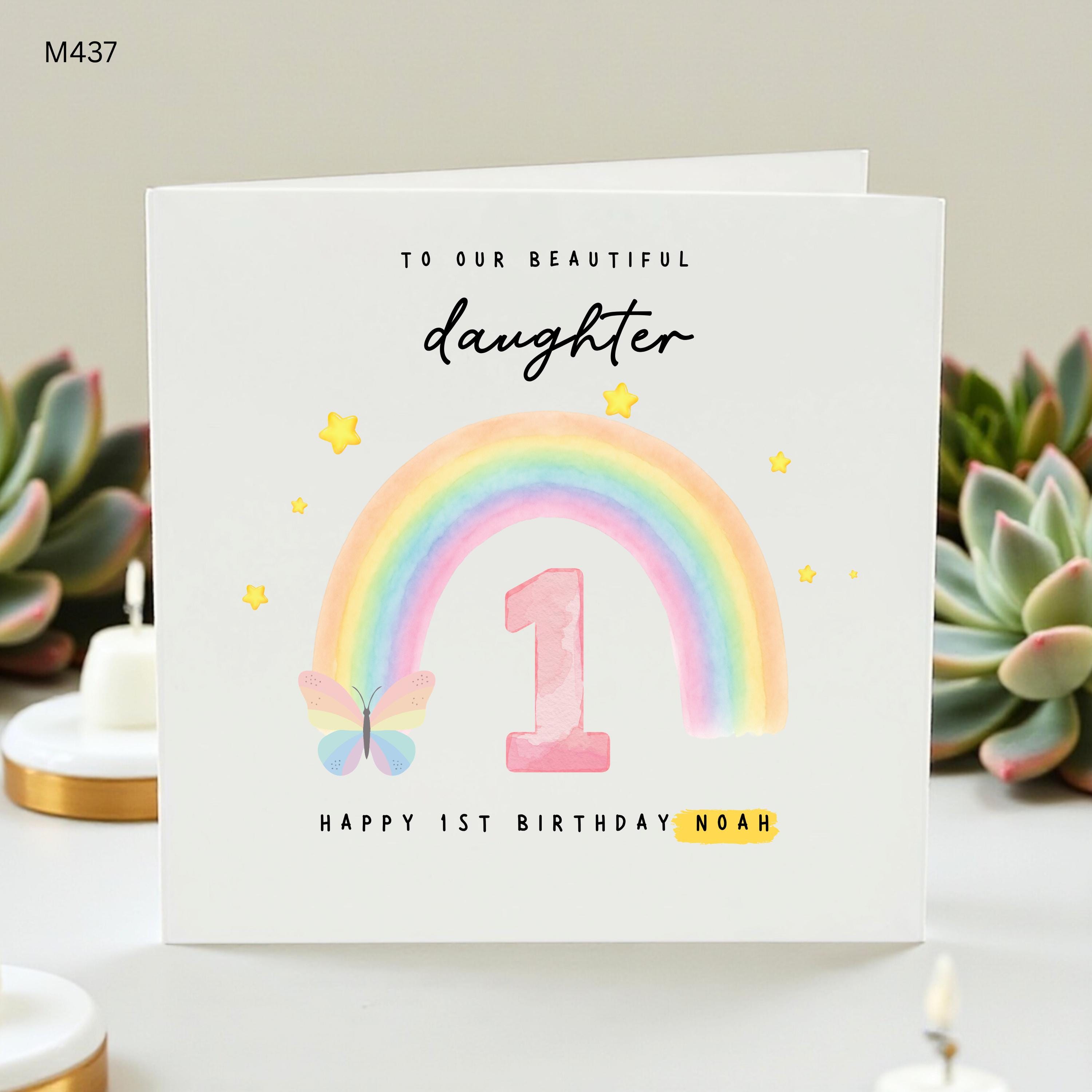 Personalized 1st Birthday Card for Daughter, Rainbow and Butterfly First Birthday Card, Custom Name Age 1 Card for Her, Noah 1st Birthday