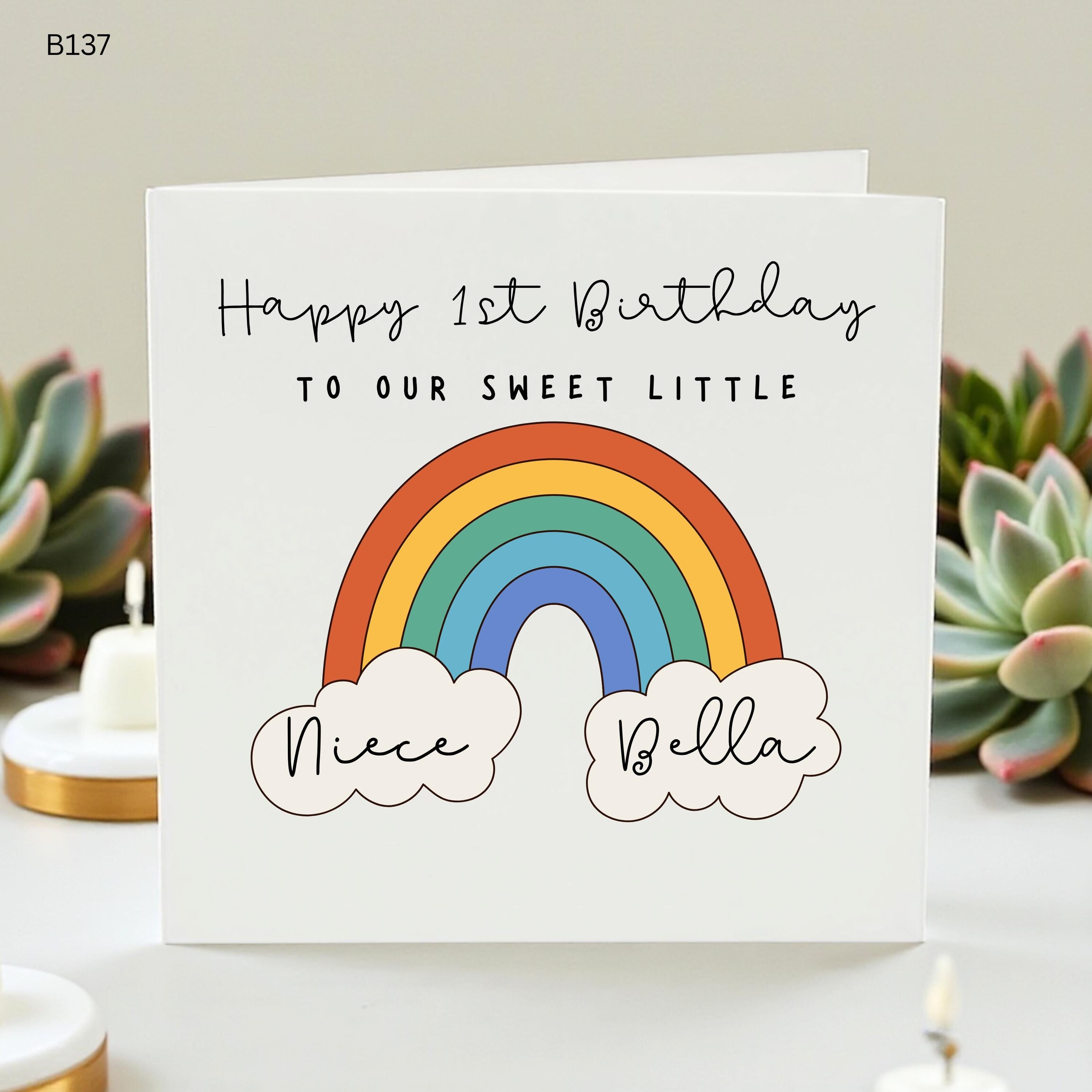 Personalized Niece 1st Birthday Card, Rainbow 1st Birthday Card for Niece, Custom Name Age 1 Card, Boho Rainbow Birthday, Sweet Niece Gift