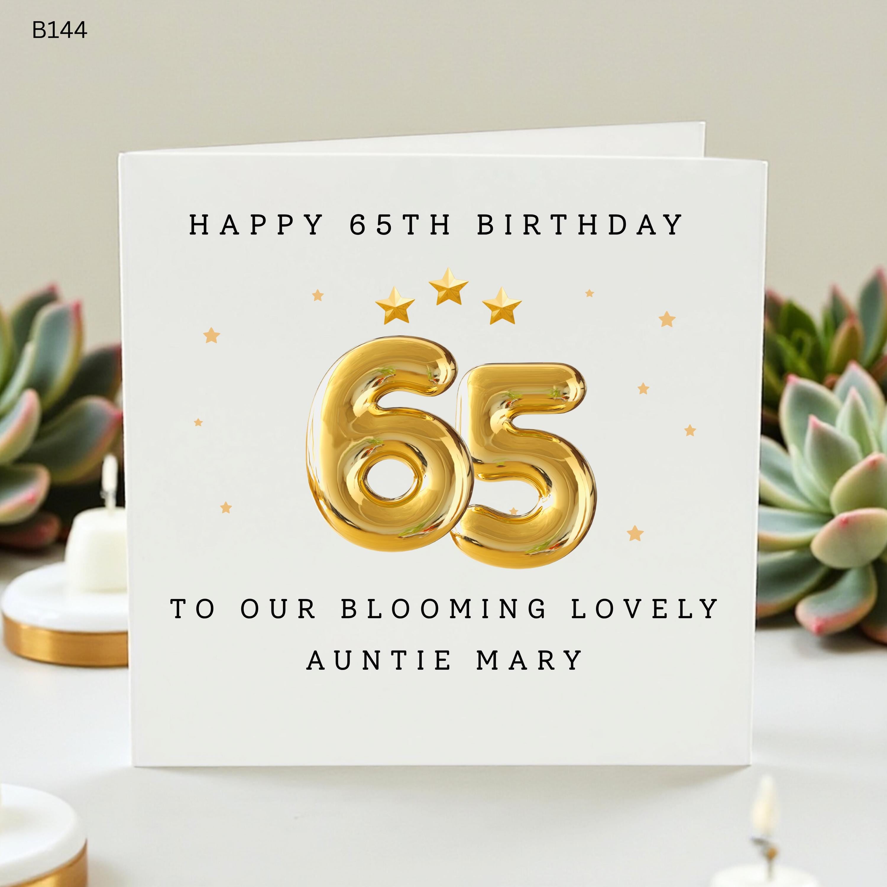 Personalized 65th Birthday Card Auntie, Gold Balloon Birthday Card for Her, Custom Name Age 65 Card, Sixty Fifth Birthday Gift for Mary