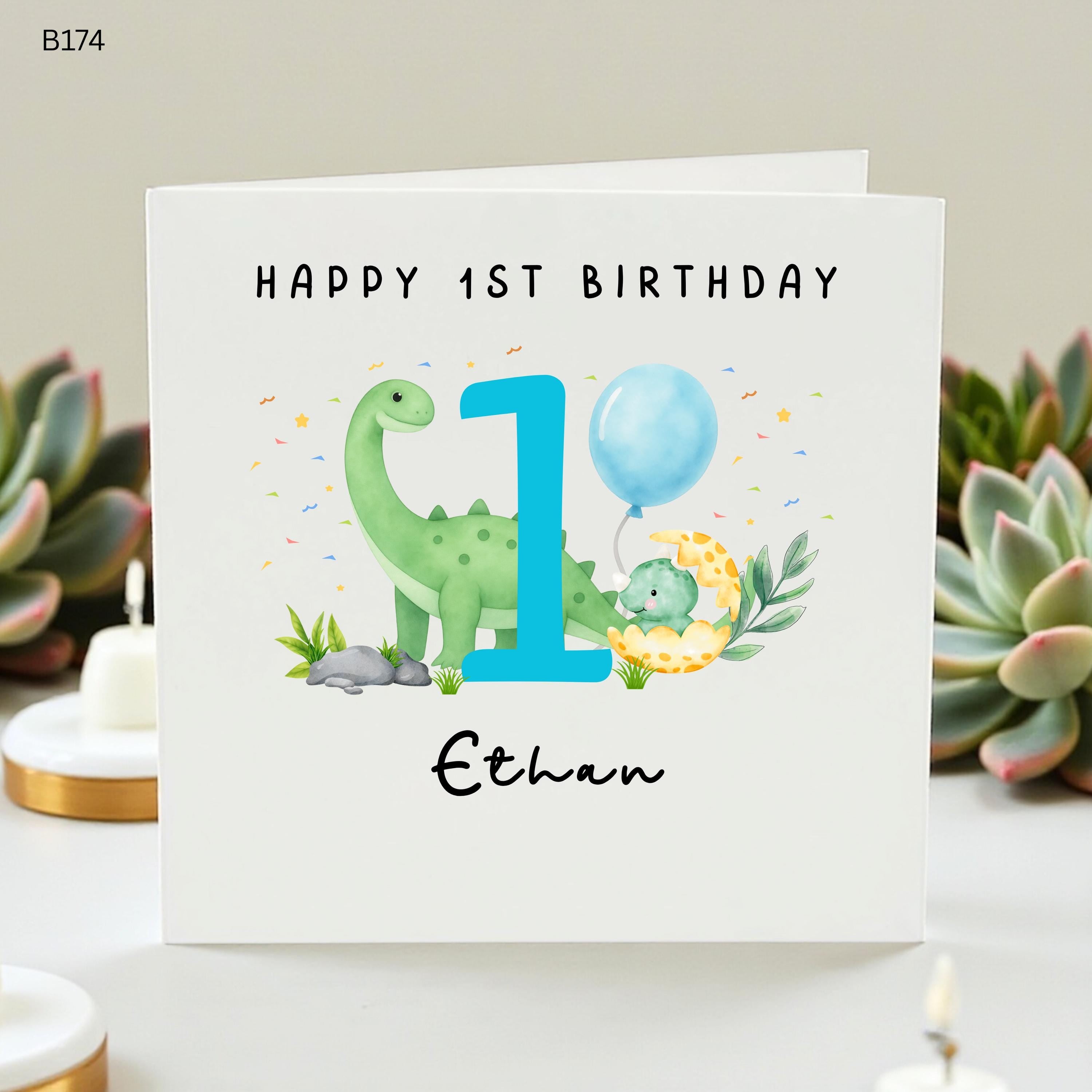 Personalized 1st Birthday Card Dinosaur, Custom Name First Birthday Card for Son, Cute Dinosaurus Card for 1 Year Old, Blue One Card, Ethan